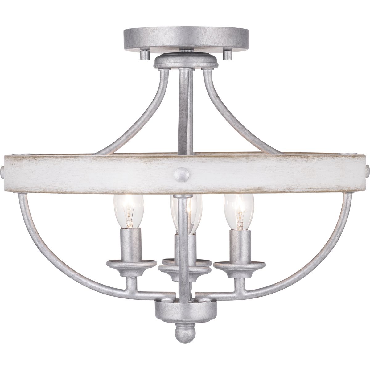 The four-light semi-flush fixture that can also convert to a hanging fixture in the Gulliver Collection features arching and delicate details that curve to create an airy design. Dual toned frame color combinations in a Galvanized finish with antique white accents The hand painted wood grained texture finished to emulate weathered driftwood complements Rustic and Modern Farmhouse home decor, as well as Urban Industrial and Coastal interior settings.