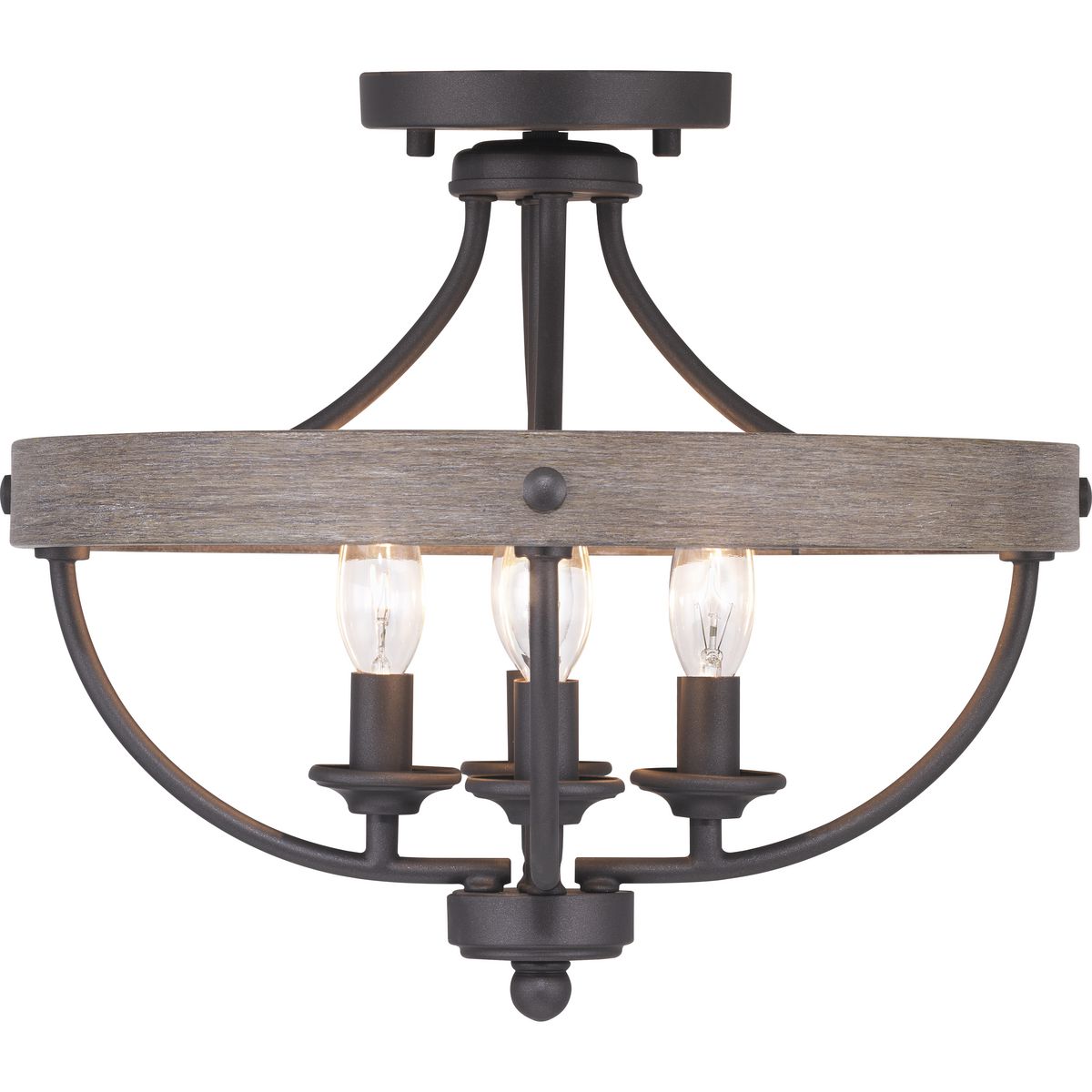 The four-light semi-flush fixture that can also convert to a hanging fixture in the Gulliver Collection features arching and delicate details that curve to create an airy design. Dual toned frame color combinations in a Graphite finish with weathered oak accents The hand painted wood grained texture complements Rustic and Modern Farmhouse home decor, as well as Urban Industrial and Coastal interior settings.