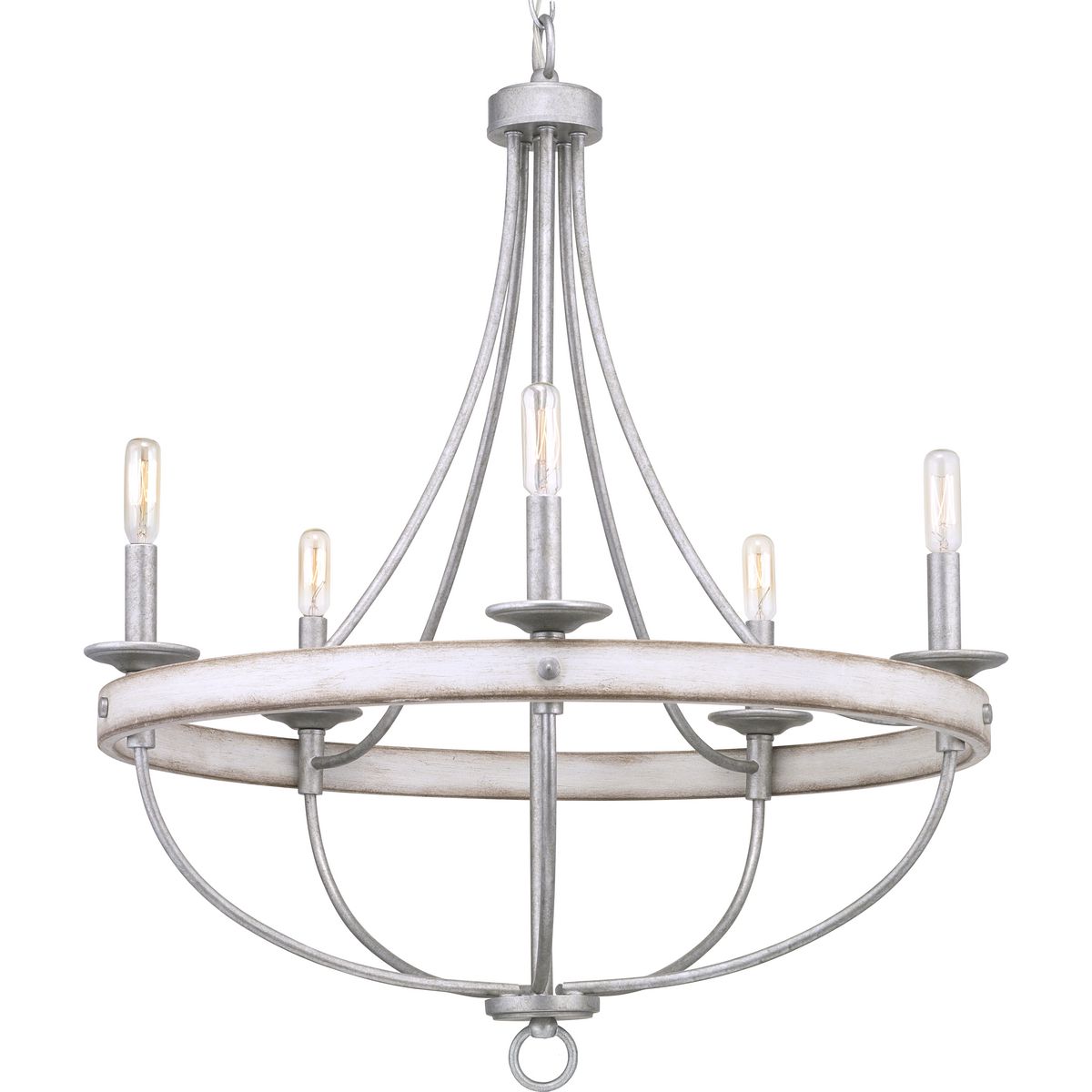 The five-light chandelier in the Gulliver Collection features arching and delicate details that curve to create an airy design. Dual toned frame color combinations in a Galvanized finish with antique white accents The hand painted wood grained texture finished to emulate weathered driftwood complements Rustic and Modern Farmhouse home decor, as well as Urban Industrial and Coastal interior settings.