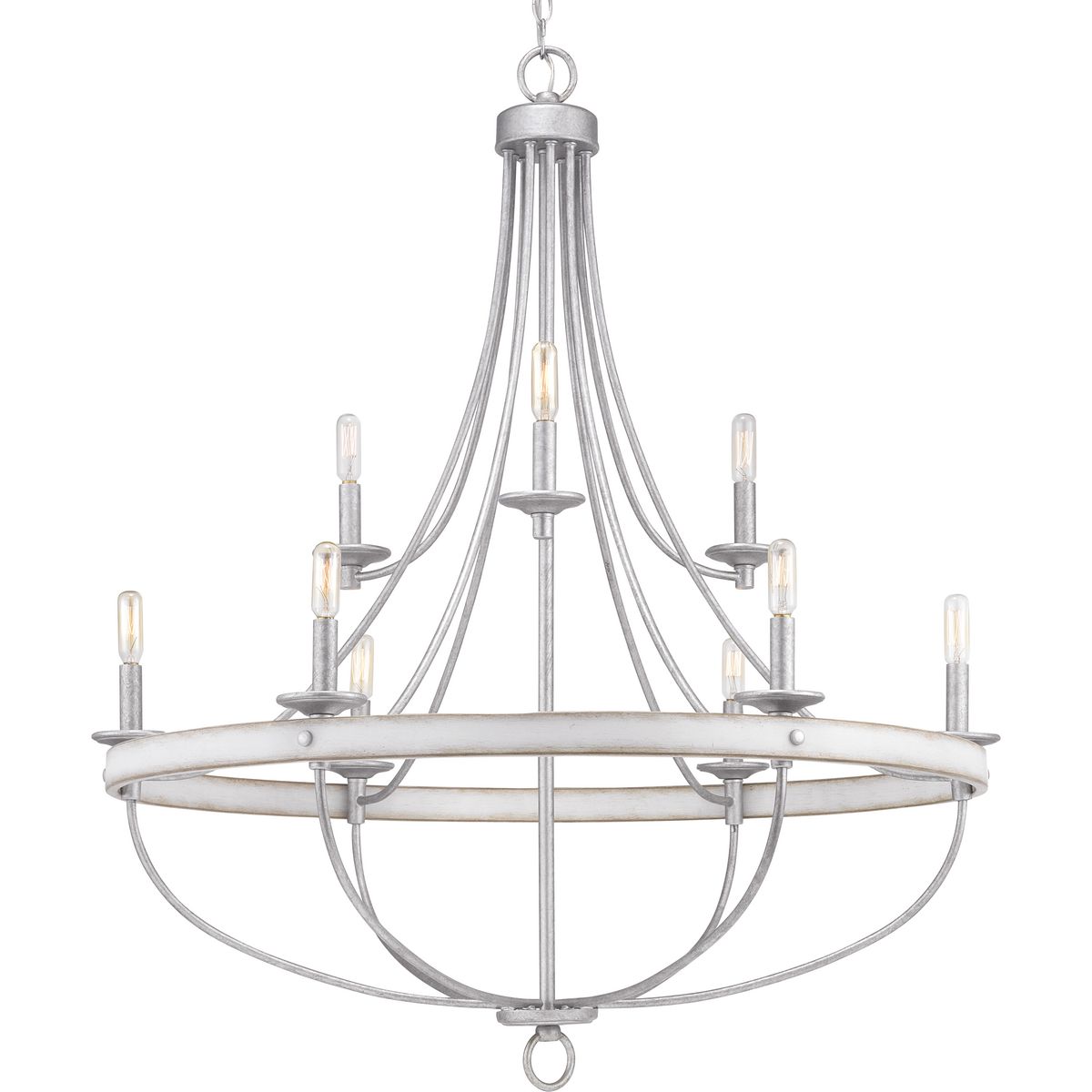 The nine-light chandelier in the Gulliver Collection features arching and delicate details that curve to create an airy design. Dual toned frame color combinations in a Galvanized finish with antique white accents The hand painted wood grained texture finished to emulate weathered driftwood complements Rustic and Modern Farmhouse home decor, as well as Urban Industrial and Coastal interior settings.