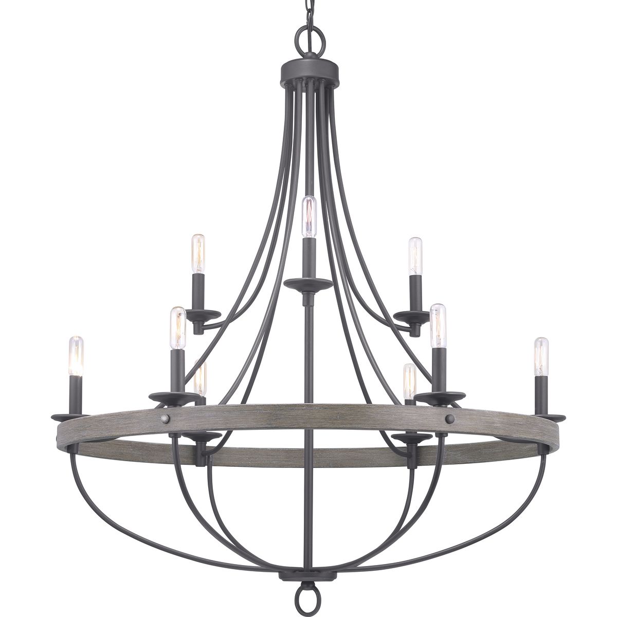 The nine-light chandelier in the Gulliver Collection features arching and delicate details that curve to create an airy design. Dual toned frame color combinations in a Graphite finish with weathered oak accents The hand painted wood grained texture complements Rustic and Modern Farmhouse home decor, as well as Urban Industrial and Coastal interior settings.