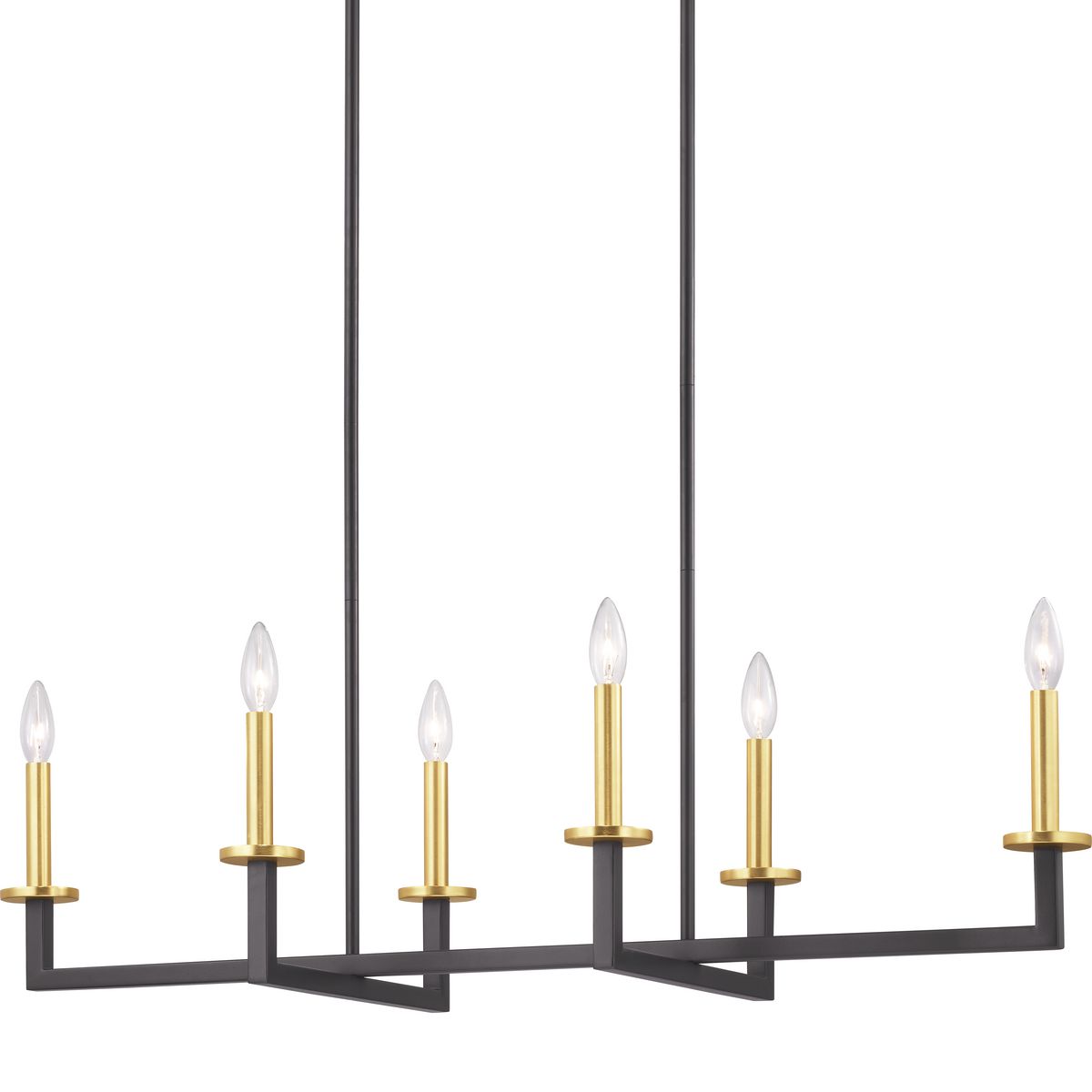 The Blakely collection six-light linear chandelier is a fashion-forward design styles. An open linear form celebrates geometric interplay with clean, straight lines. Finished in Graphite with satin brass accents, the Blakely collection is ideal for Modern and Traditional interiors.