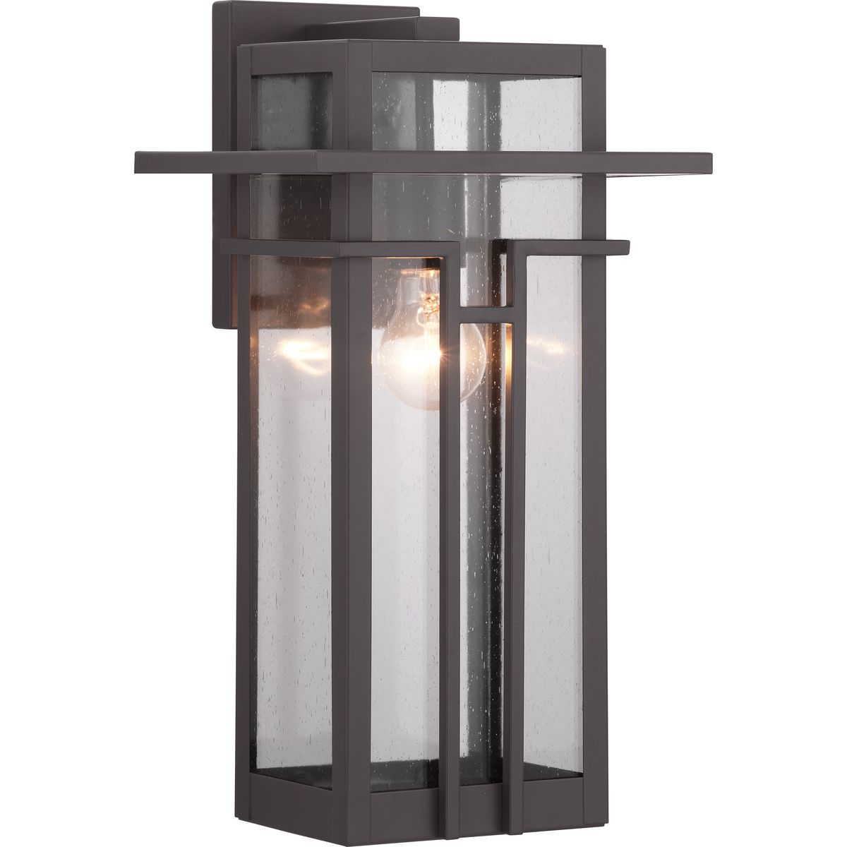Geometric details in Boxwood�s design enhance Craftsman-inspired architecture. The one-light large wall lantern features clear seeded glass and finished in Architectural Bronze which completes the authentic style.
