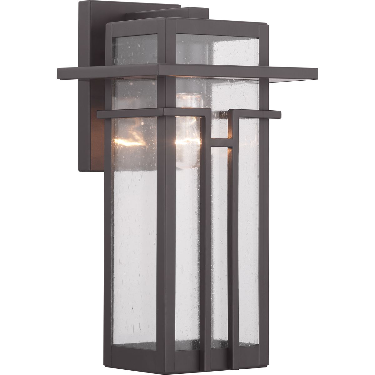 Geometric details in Boxwood�s design enhance Craftsman-inspired architecture. The one-light medium wall lantern features clear seeded glass and finished in Architectural Bronze which completes the authentic style.