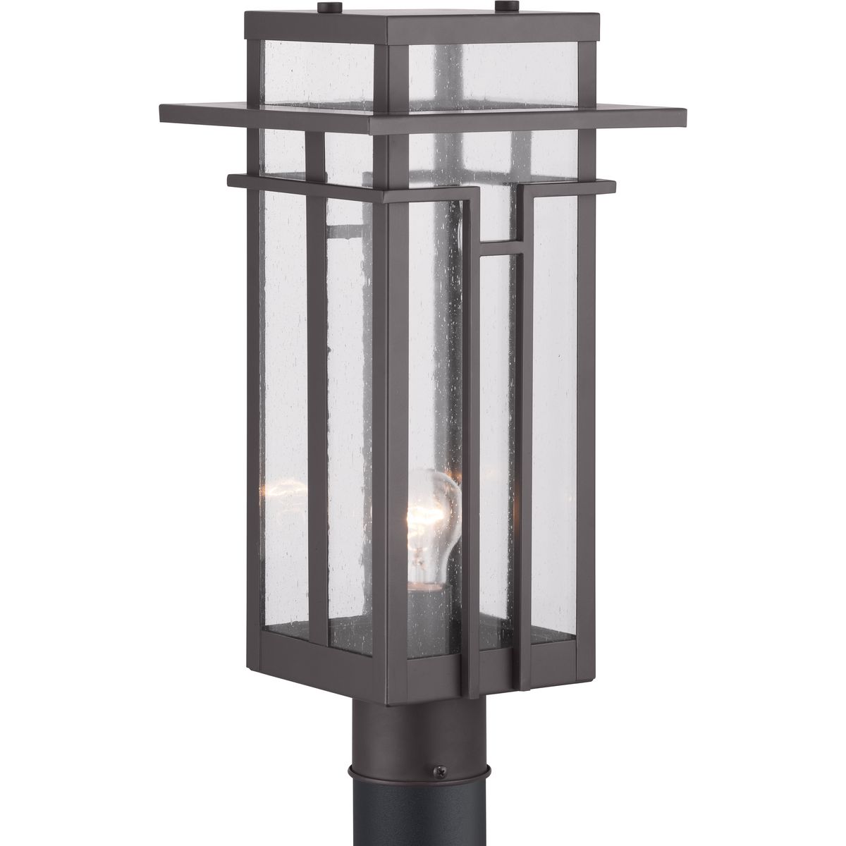 Geometric details in Boxwood�s design enhance Craftsman-inspired architecture. The one-light post lantern features clear seeded glass and finished in Architectural Bronze which completes the authentic style.
