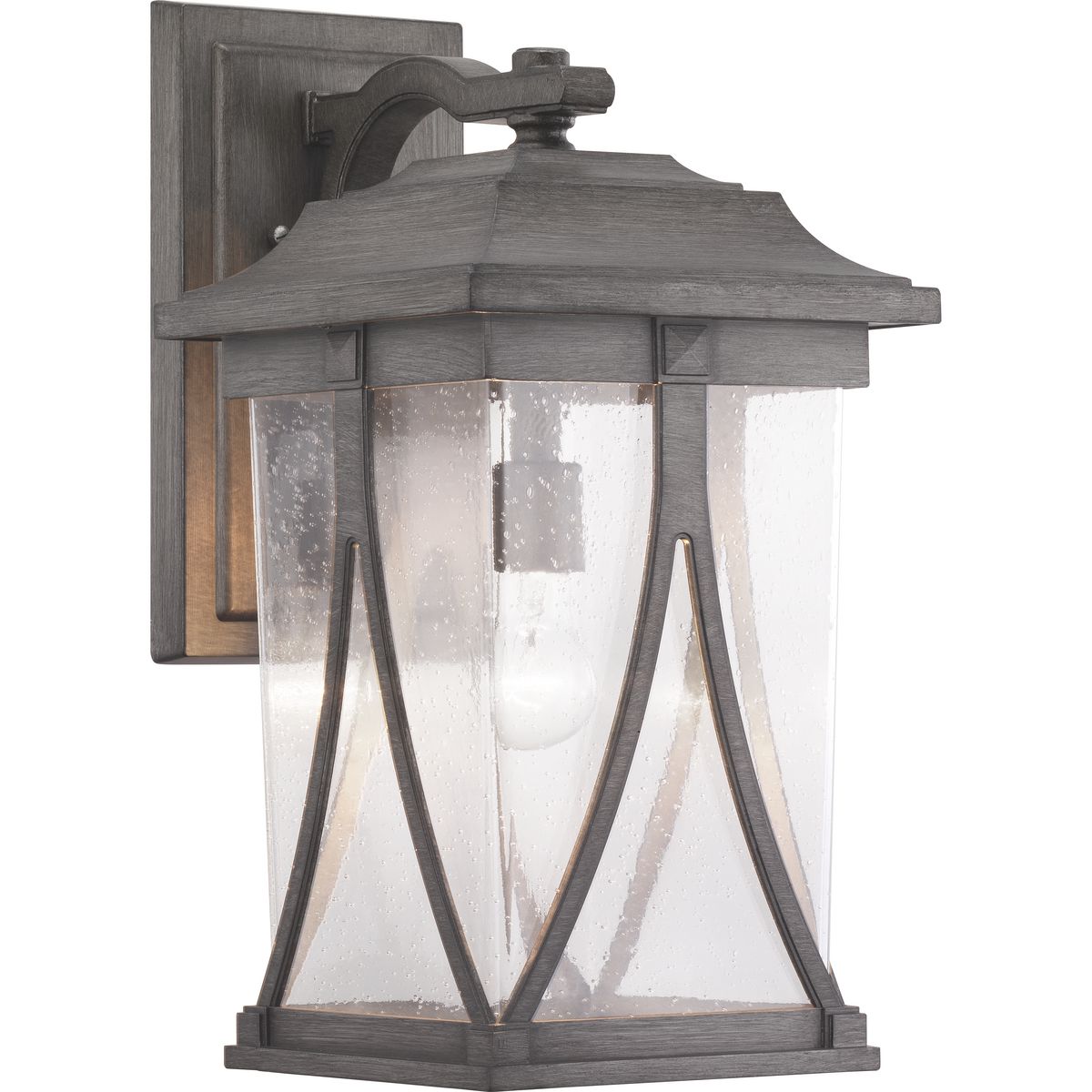 Distinctive forms with ancient roots are featured in this large wall lantern from the Abbott Collection. Transparency, depth and dimension are all on display to highlight the clear seeded glass and sweeping details within the Antique Pewter frame.