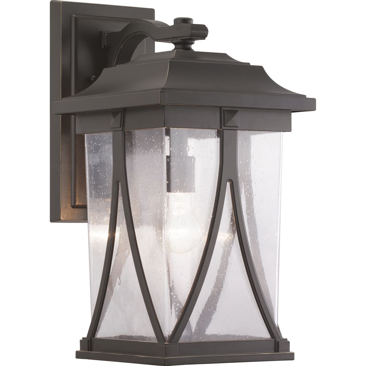 Distinctive forms with ancient roots are featured in this large wall lantern from the Abbott Collection. Transparency, depth and dimension are all on display to highlight the clear seeded glass and sweeping details within the Antique Bronze frame.