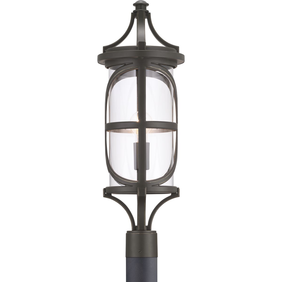 The Morrison Collection post lantern blends delicate geometric patterns with lasting durability in a modern form. Intricate die cast aluminum construction is paired with clear glass and an Antique Bronze finish.