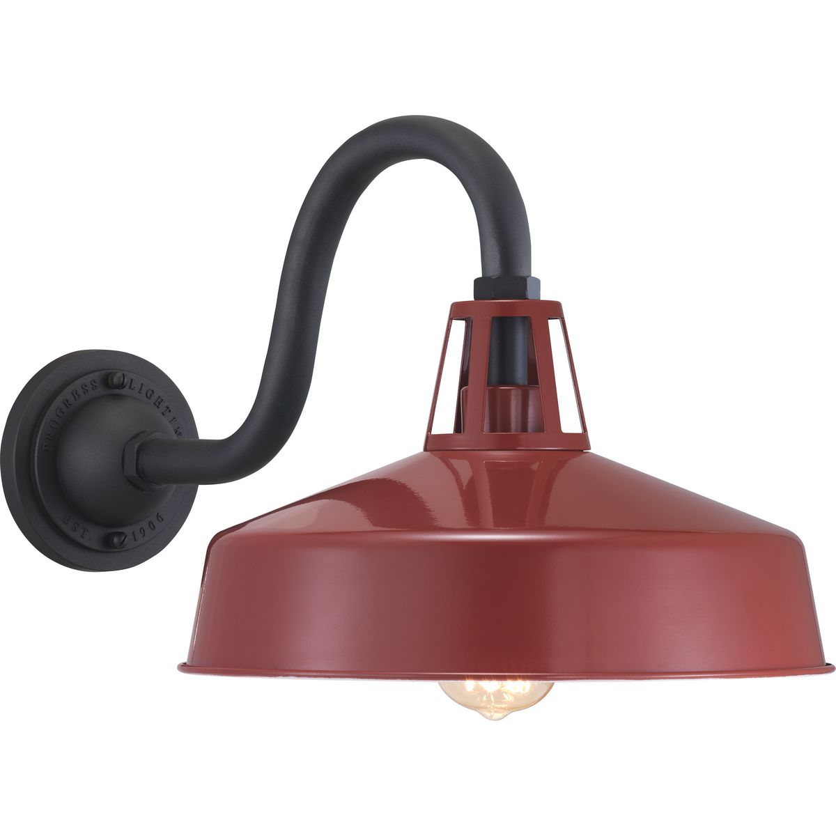 A fun take on the traditional warehouse shade, Cedar Springs can be a stylish addition to any indoor or outdoor space. Offered in a generous size and featuring a black gooseneck arm style and red shade, this classic Farmhouse fixture serves as an eye-catching addition to a variety of facades.