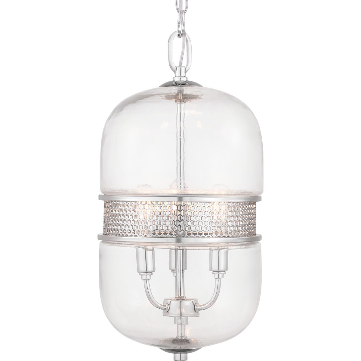 Cayce�s capsule silhouette showcases an interior candelabra cluster. An interlocking hexagonal design gracefully adorns the middle of the glass to add visual interest. This three-light pendant is in a beautiful Chrome finish. Flush with personality, the Cayce Collection pendant provides a unique design style suitable for a variety of interiors, including Modern, Farmhouse, Urban Industrial and Luxe.