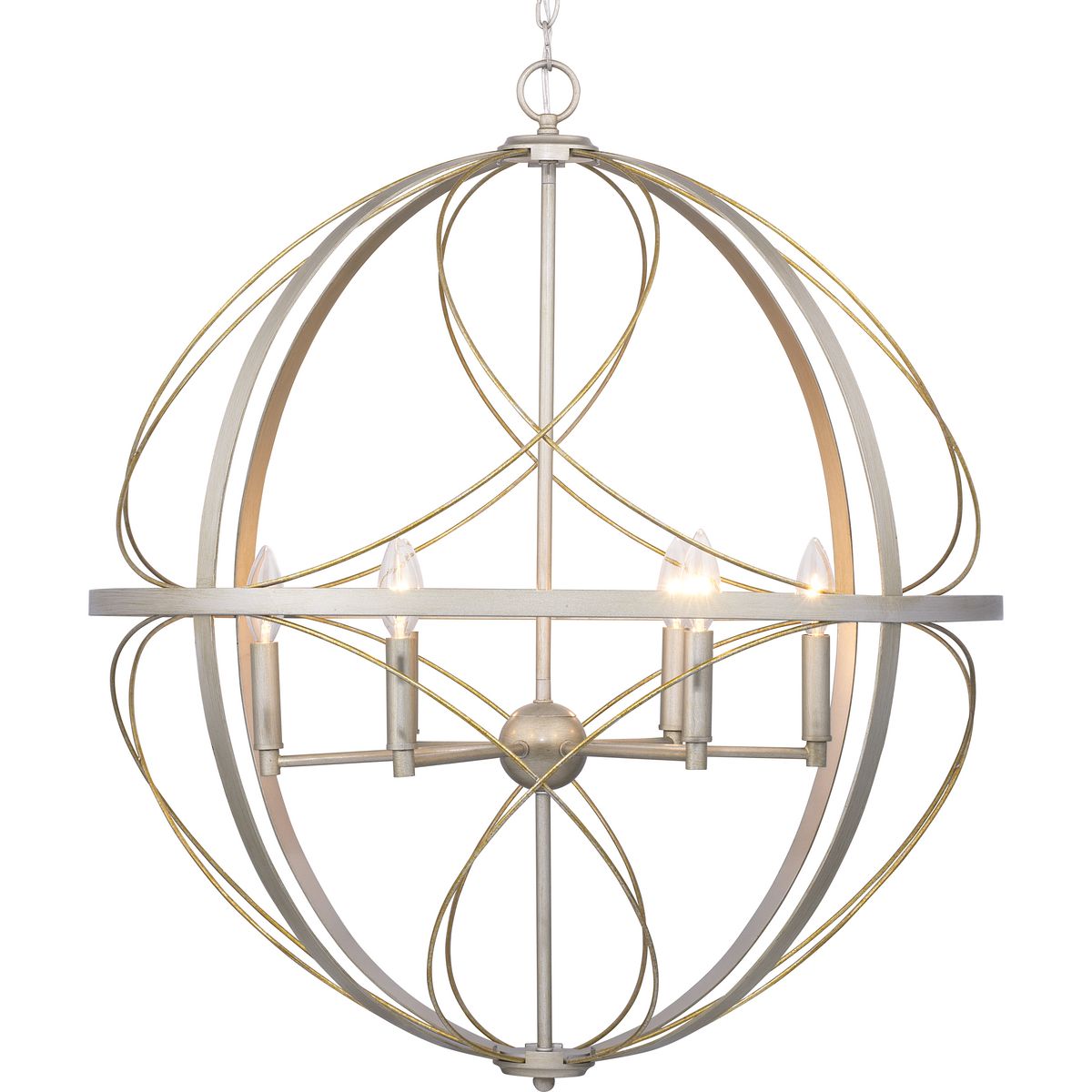 An airy artful pendant, Brandywine�s silhouette features an interlocking sphere with decorative details. The elegant frame highlights a juxtaposition of bold accents and delicate, hand gilded wire accents, finished in a Silver Ridge finish. Capturing a timeless look, this six-light pendant is idea for Farmhouse or Transitional interior settings.