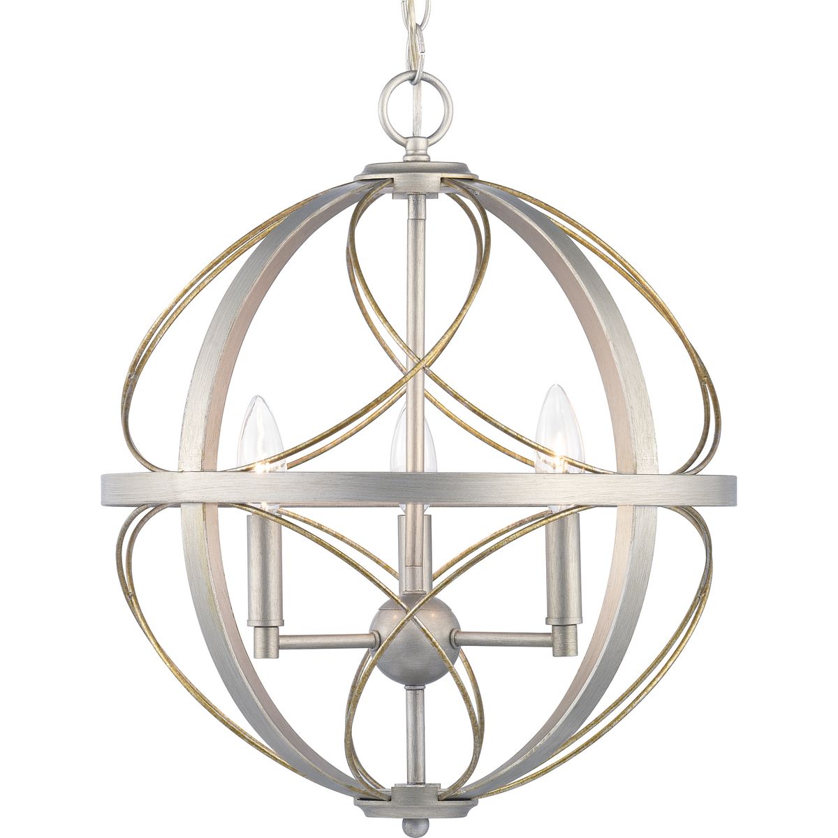 An airy artful pendant, Brandywine�s silhouette features an interlocking sphere with decorative details. The elegant frame highlights a juxtaposition of bold accents and delicate, hand gilded wire accents, finished in a Silver Ridge finish. Capturing a timeless look, this three-light pendant is idea for Farmhouse or Transitional interior settings.