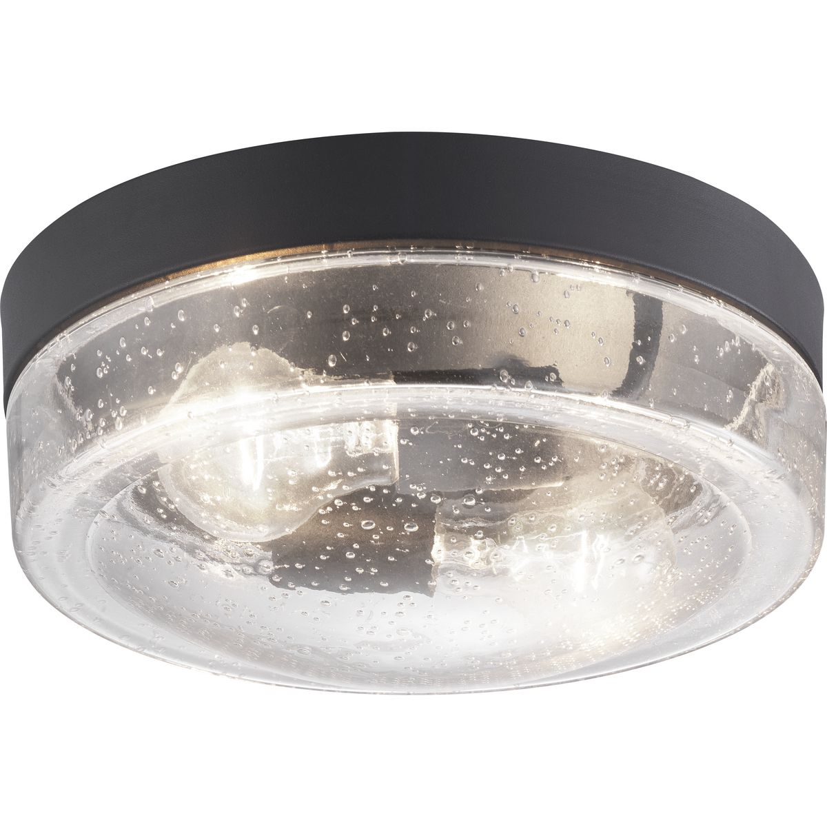 Featuring nautical influences, Weldon delivers a two-light flush mount ideal for Farmhouse or Transitional architecture designs. Curved clear seeded glass is topped with an ample roof in Black.