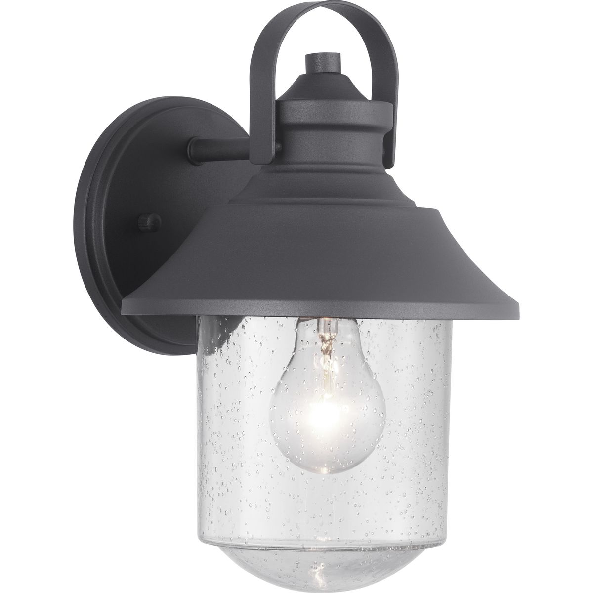 Featuring nautical influences, Weldon delivers a medium wall lantern ideal for Farmhouse or Transitional architecture designs. Curved clear seeded glass is topped with an ample roof in Black.