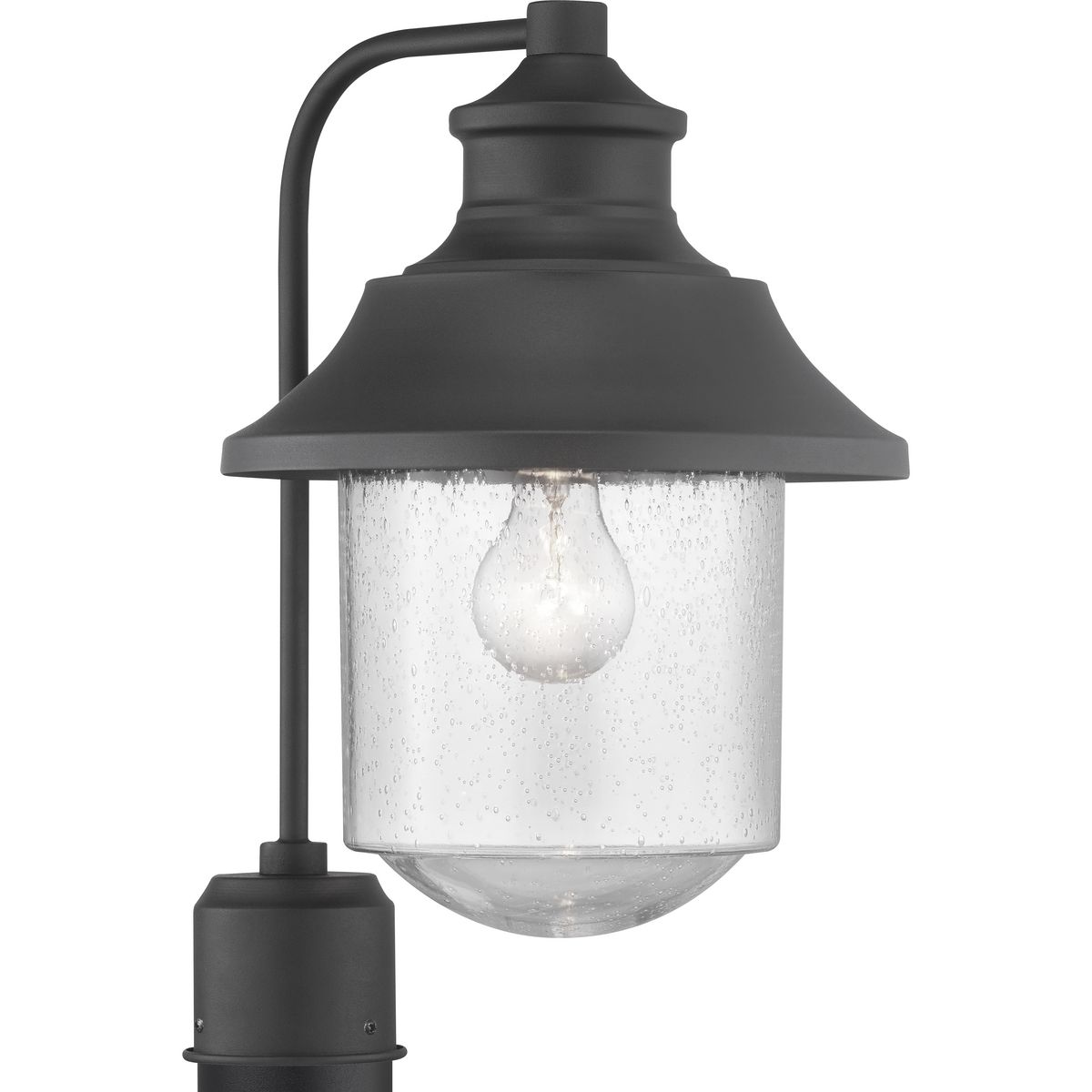 Featuring nautical influences, Weldon delivers a one-light post lantern ideal for Farmhouse or Transitional architecture designs. Curved clear seeded glass is topped with an ample roof in Black.