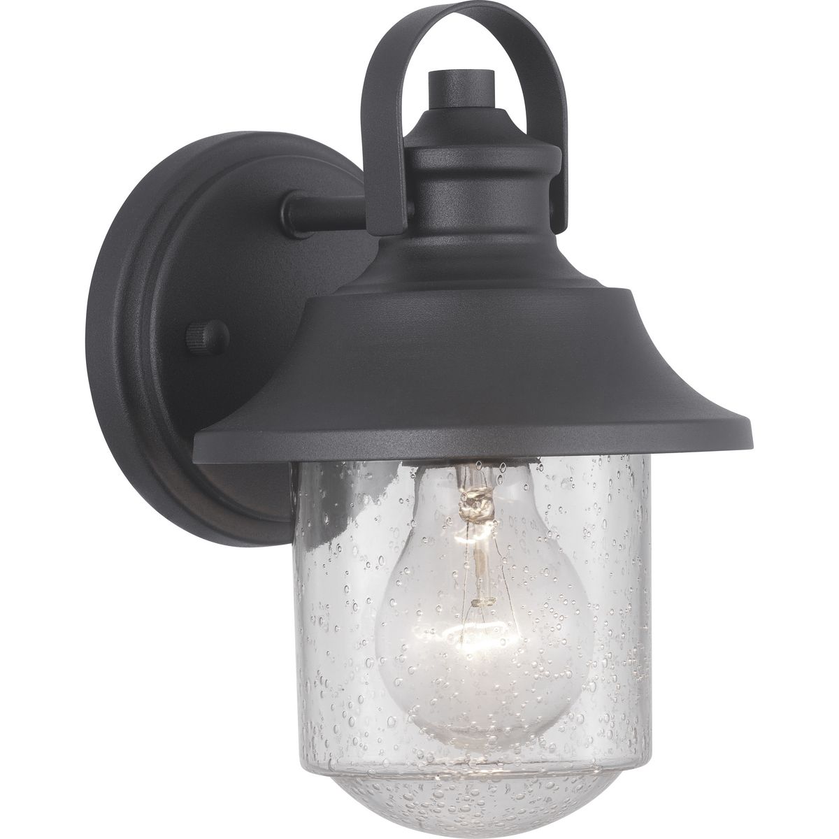 Featuring nautical influences, Weldon delivers a small wall lantern ideal for Farmhouse or Transitional architecture designs. Curved clear seeded glass is topped with an ample roof in Black.