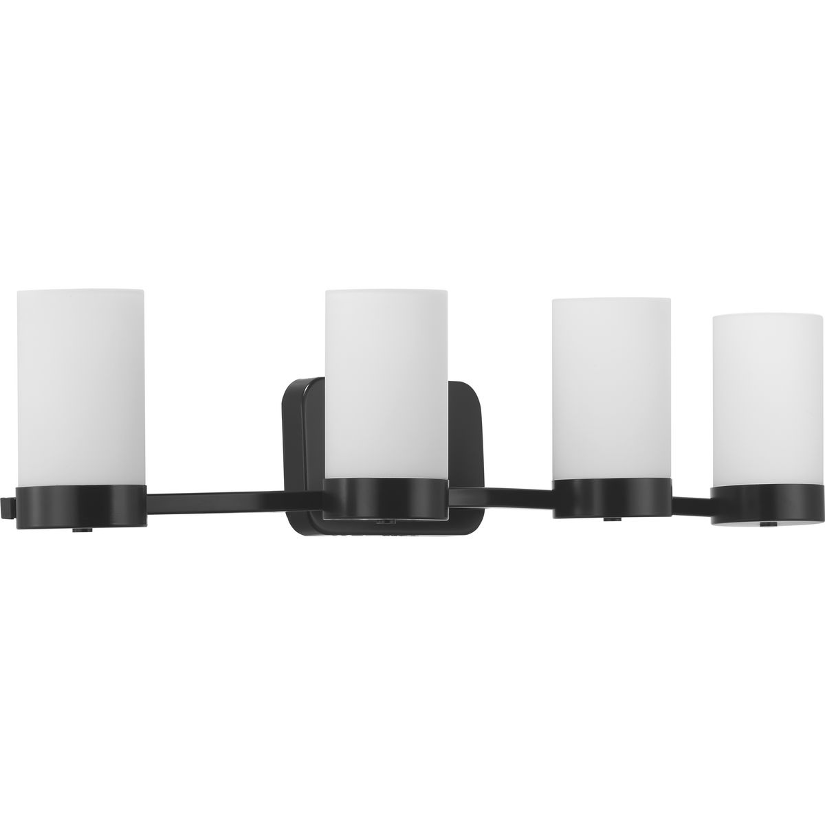 Achieve a Modern look with the Elevate Collection four-light bath and vanity. Etched glass white shades provide a striking contrast to the Matte Black finish. Fixtures can be installed with glass facing up or down for added customization.