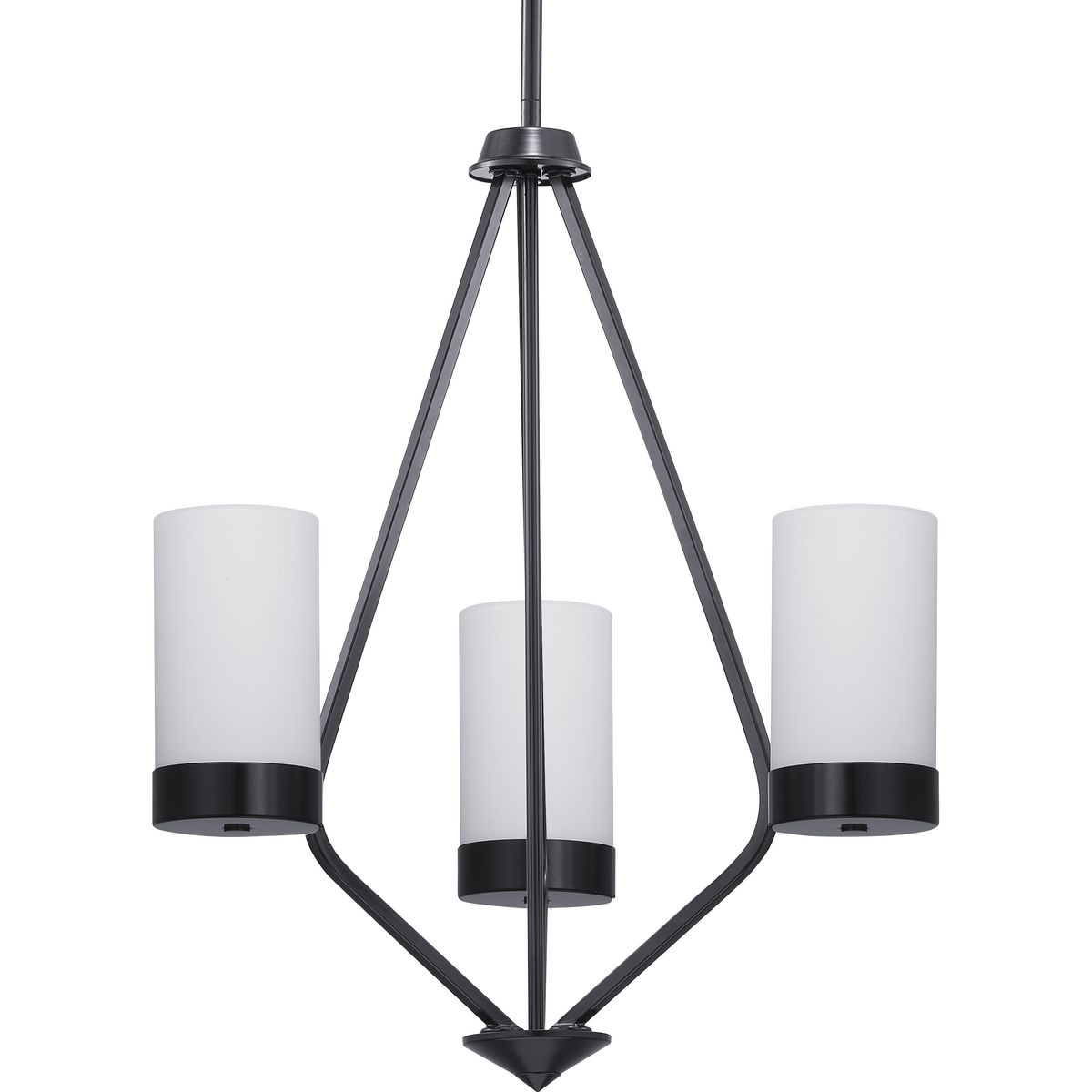 Achieve a sleek and modern look with the Elevate Collections three-light chandelier. Etched glass white shades paired with a Matte Black frame provide an elegant contrast for Modern interior design settings. This fixture is part of our Design Series collections.