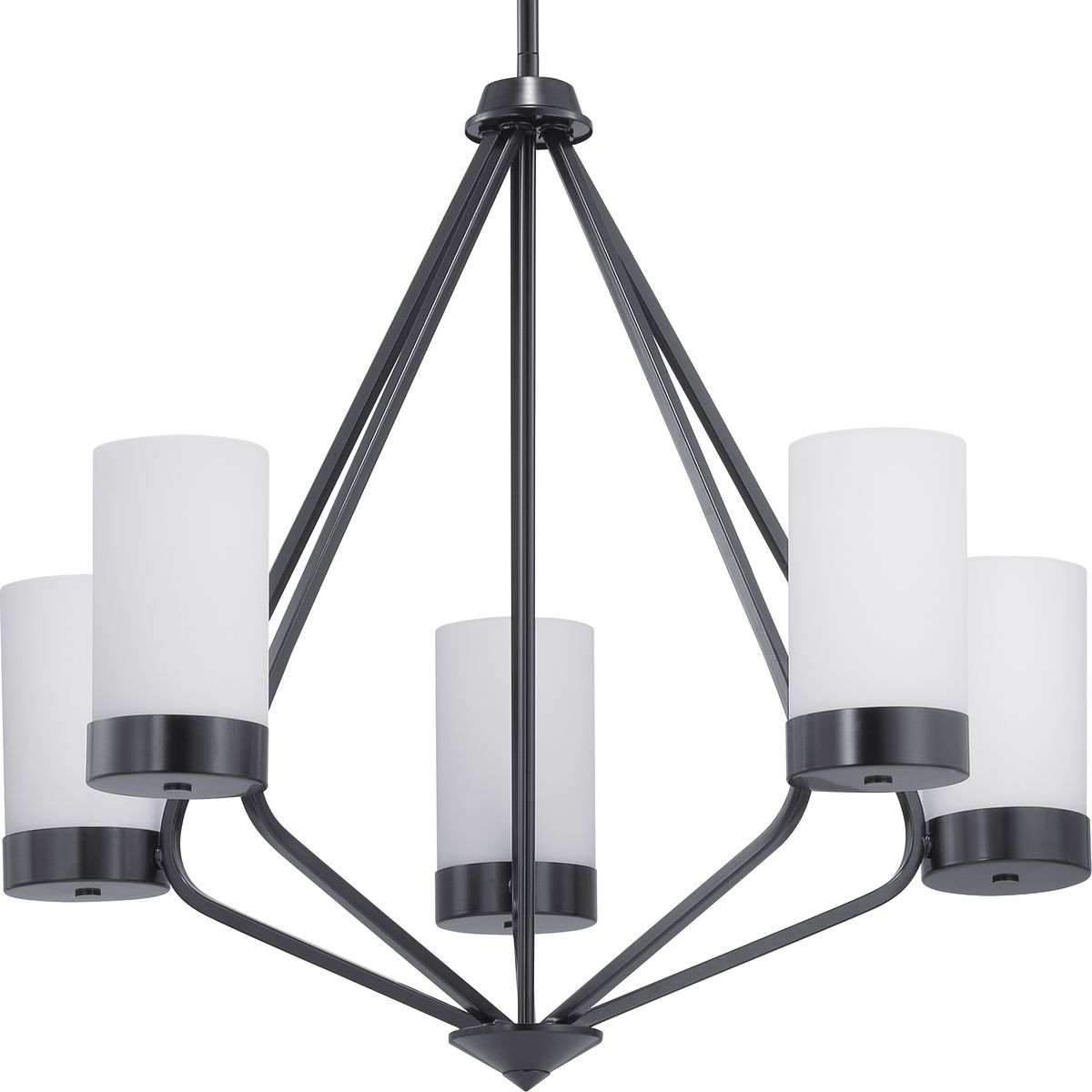 Achieve a sleek and modern look with the Elevate Collection five-light chandelier. Etched glass white shades paired with a Matte Black frame provide an elegant contrast for Modern interior design settings. This fixture is part of our Design Series collections.