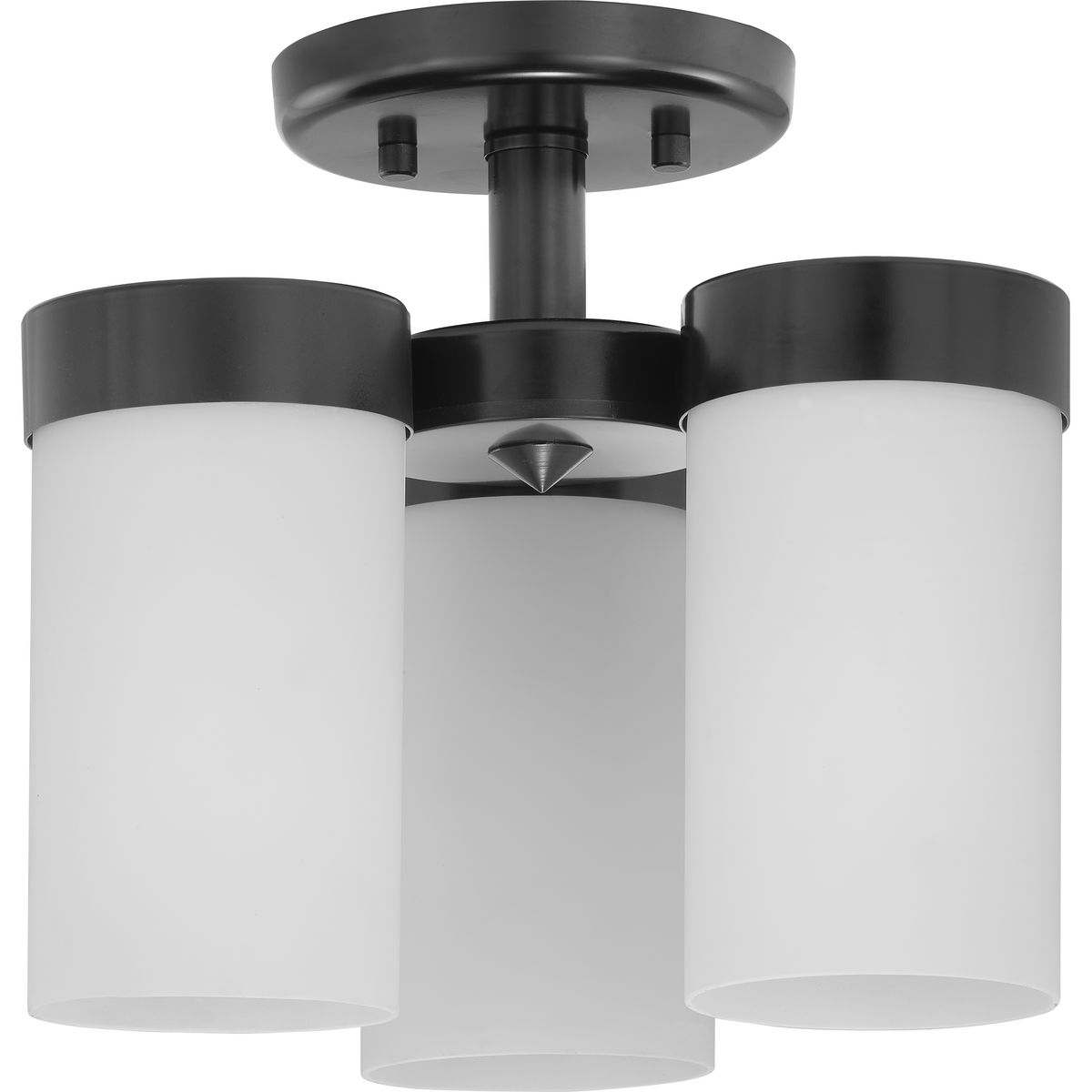 Achieve a Modern look with the Elevate Collection three-light flush mount. Etched glass white shades provide a striking contrast to the Matte Black finish. Fixtures can be installed with glass facing up or down for added customization.