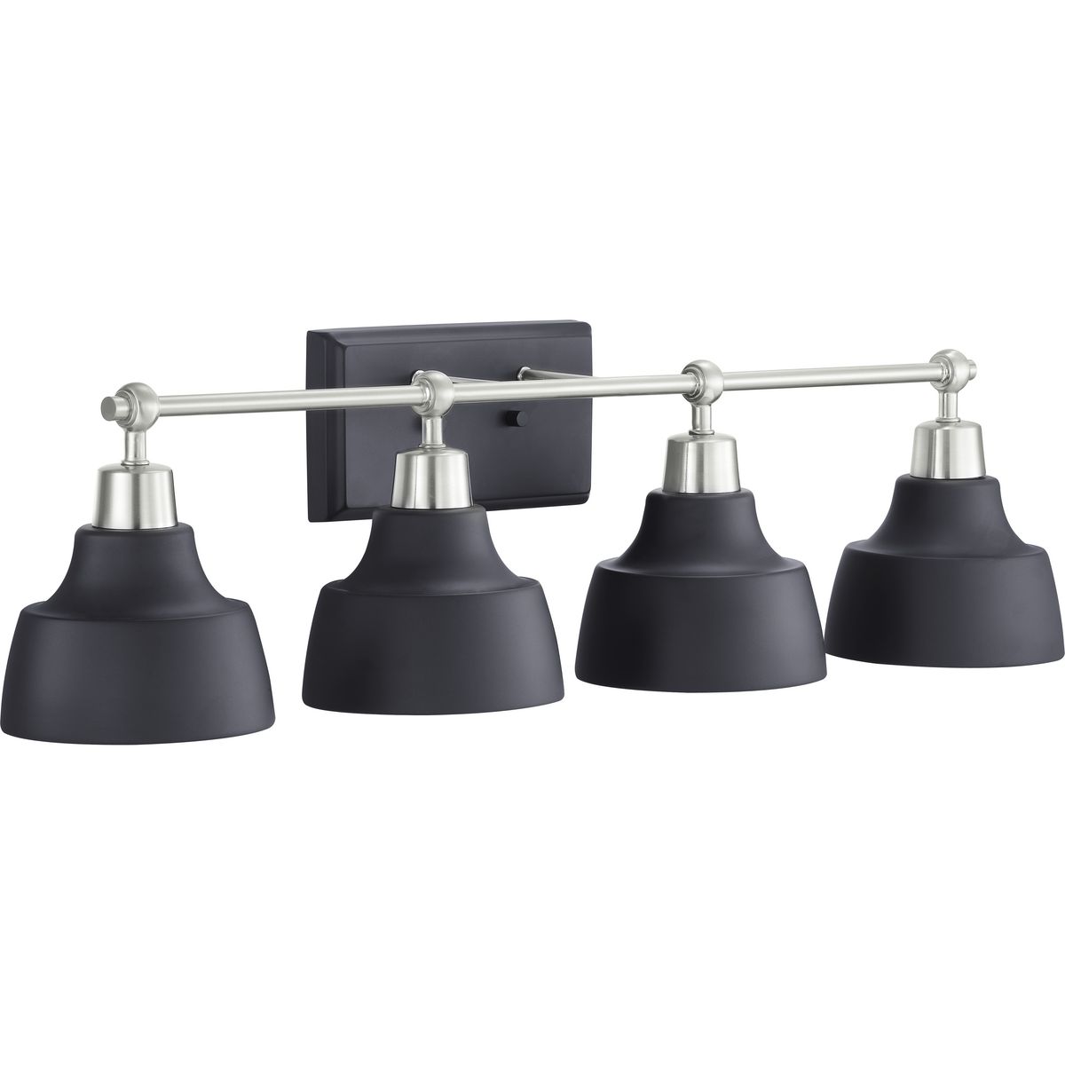 Vintage and industrial styling coalesce in the functional, yet elegant frame of the Bramlett Collection four-light bath & vanity. Graphite Metal reflector style shades are complemented by contrasting metallic fittings in Brushed Nickel.