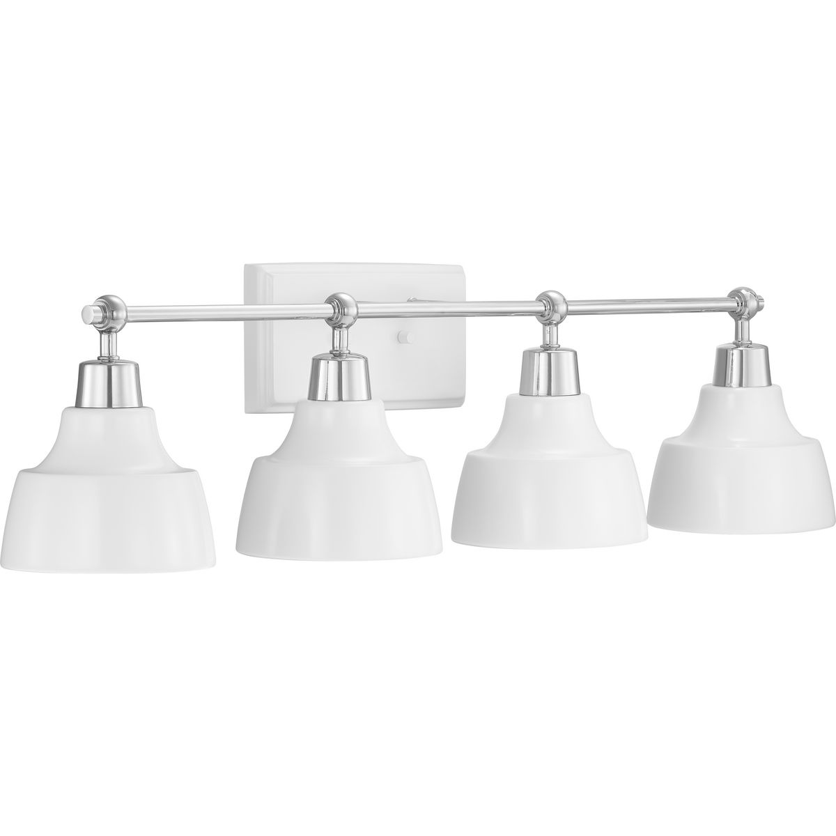 Vintage and industrial styling coalesce in the functional, yet elegant frame of the Bramlett Collection four-light bath & vanity. Gloss White metal reflector style shades are complemented by contrasting metallic fittings in Polished Chrome.