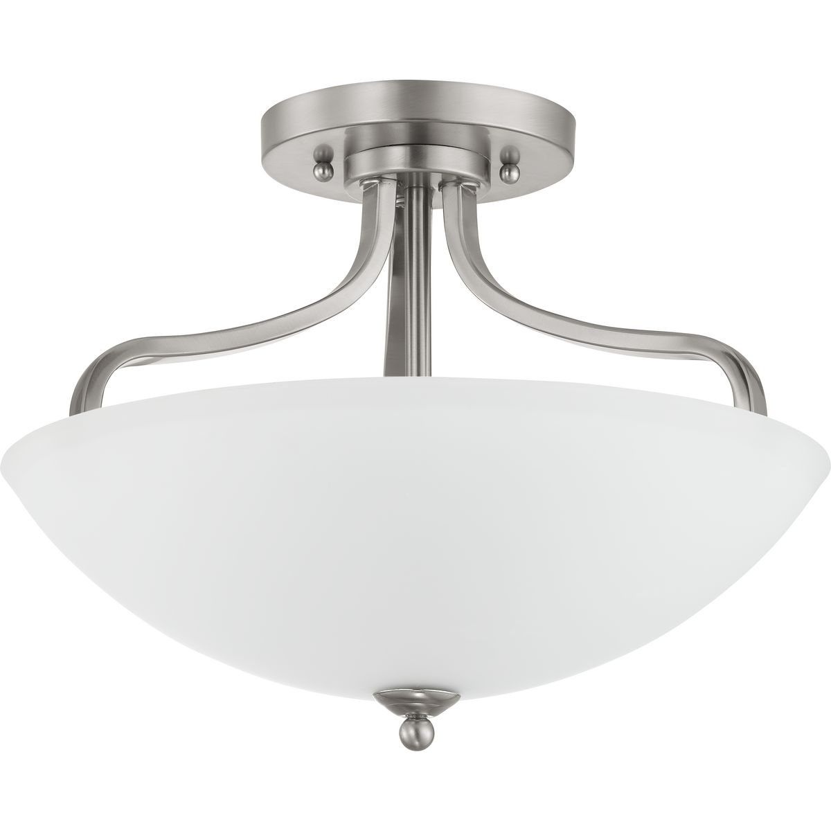 The three-light semi-flush fixture that also can convert to a hanging fixture from the Laird collection provides a contemporary complement to casual interiors popular in today's homes. Glass shade with scrolling arms add distinction and provide pleasing illumination to any room, creating an airy effect. Brushed Nickel finish.