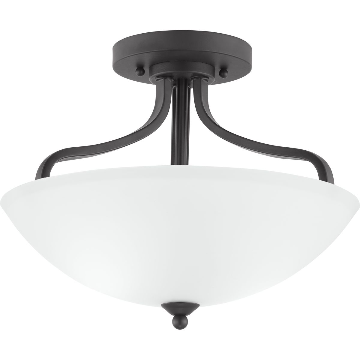 The three-light semi-flush fixture that also can convert to a hanging fixture from the Laird collection provides a contemporary complement to casual interiors popular in today's homes. Glass shade with scrolling arms add distinction and provide pleasing illumination to any room, creating an airy effect. Antique Bronze finish.