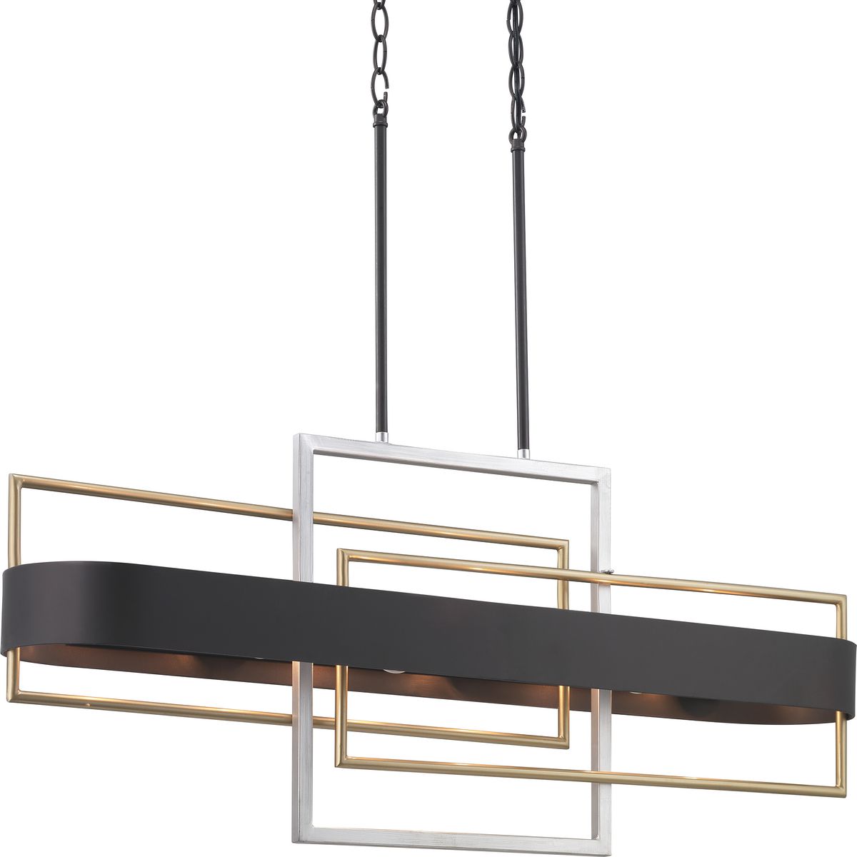 An array of geometric patterns in Adagio six-light linear chandelier is a nod to the musical description of a tender and melodic tone. The modern design features lights that are distributed around a circular Black band. Mixed metal elements, which are present in Brushed Silver and Brushed Brass accents, can complement monochromatic color palettes that are popular in homes today. Each fixture in the Adagio collection creates a focal point and is ideal for Luxe and Modern interiors.