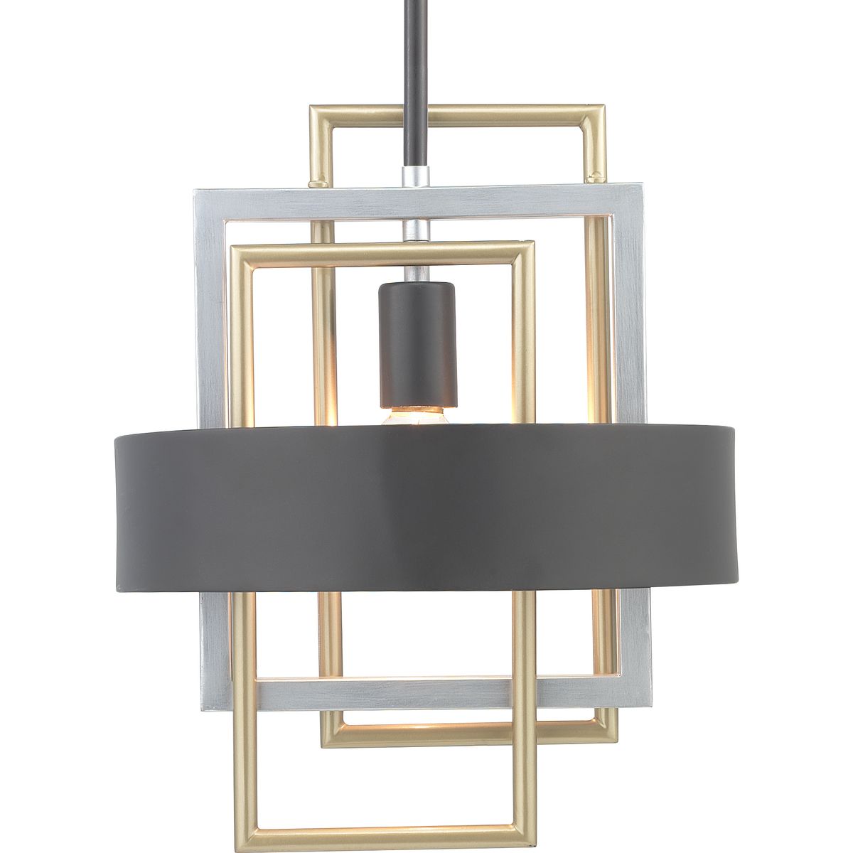 An array of geometric patterns in Adagio one-light pendant is a nod to the musical description of a tender and melodic tone. The modern design features lights that are distributed around a circular Black band. Mixed metal elements, which are present in Brushed Silver and Brushed Brass accents, can complement monochromatic color palettes that are popular in homes today. Each fixture in the Adagio collection creates a focal point and is ideal for Luxe and Modern interiors.