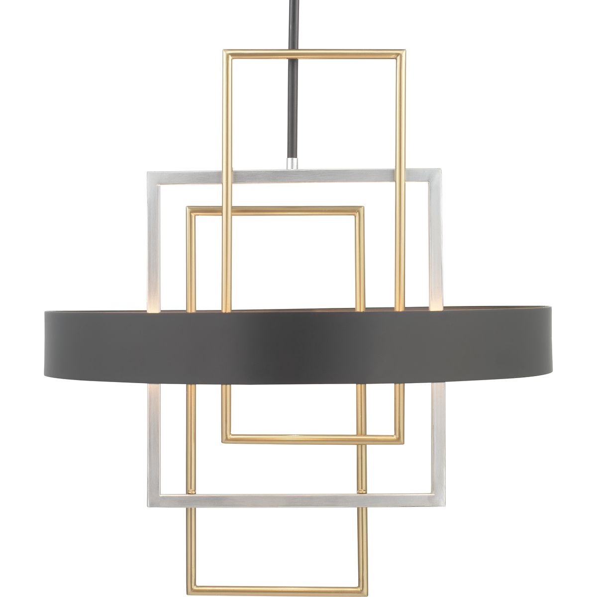 An array of geometric patterns in Adagio six-light pendant is a nod to the musical description of a tender and melodic tone. The modern design features lights that are distributed around a circular Black band. Mixed metal elements, which are present in Brushed Silver and Brushed Brass accents, can complement monochromatic color palettes that are popular in homes today. Each fixture in the Adagio collection creates a focal point and is ideal for Luxe and Modern interiors.