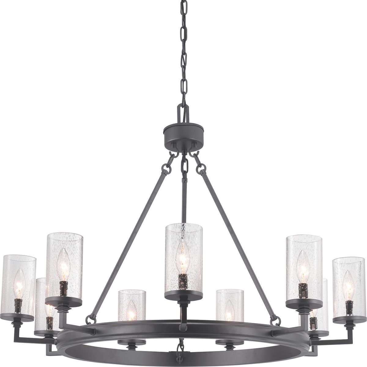 A display of substantial style in a nine-light chandelier, Gresham Collection�s frame was inspired by the elegance of traditional iron structures. Specific attention to forging details creates a distinctive collection for Transitional and Farmhouse interior spaces. Seeded glass shades and a Graphite finish pair together to complete the look.