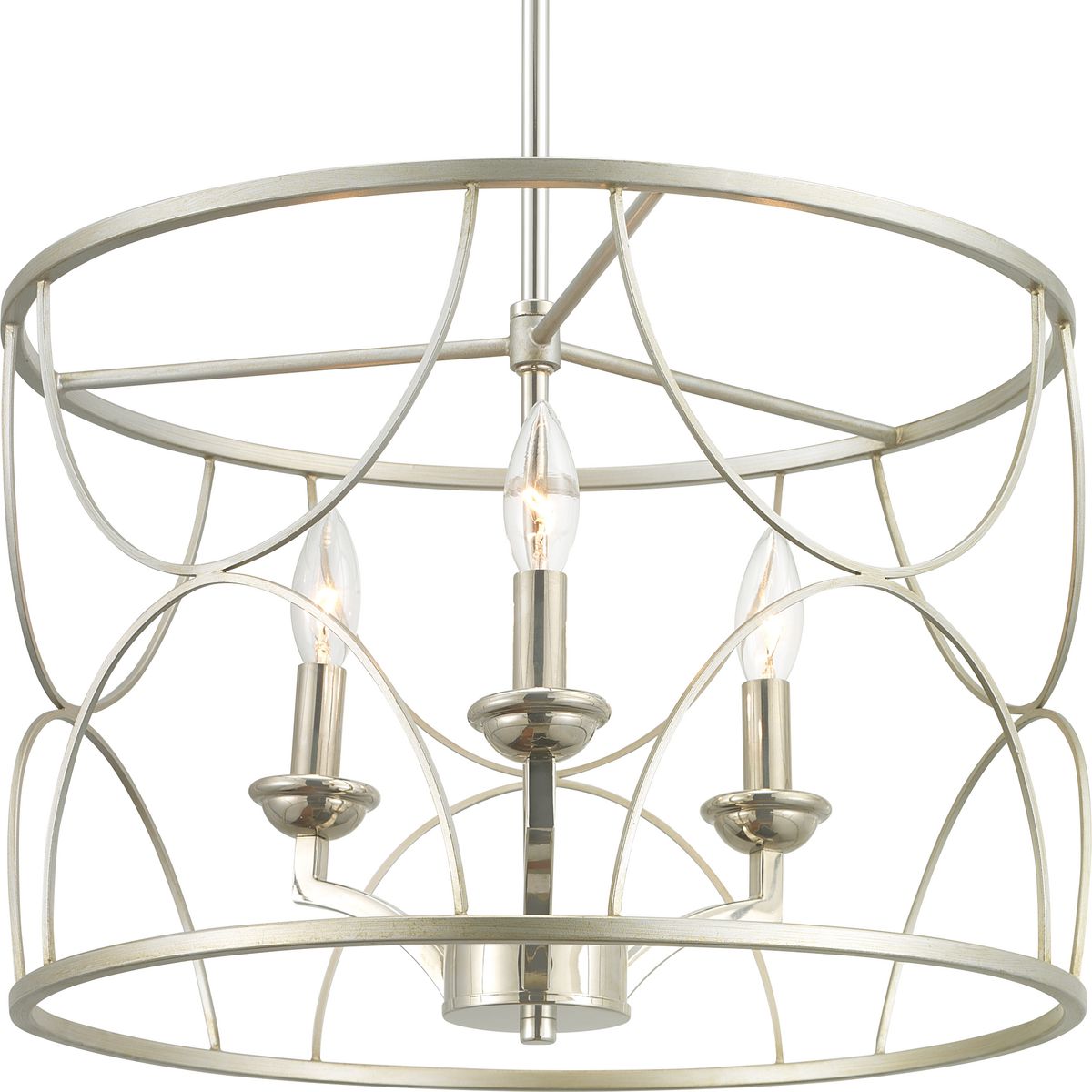 A three-light inner cluster in Polished Nickel appears to float inside a Silver Ridge geometric outer cage in this Landree Collection chandelier. The frame is designed to dramatically surround each fixture, presenting depth, dimension and beauty. The exaggerated scale and elegant accents are suitable for Modern and Luxury design styles.