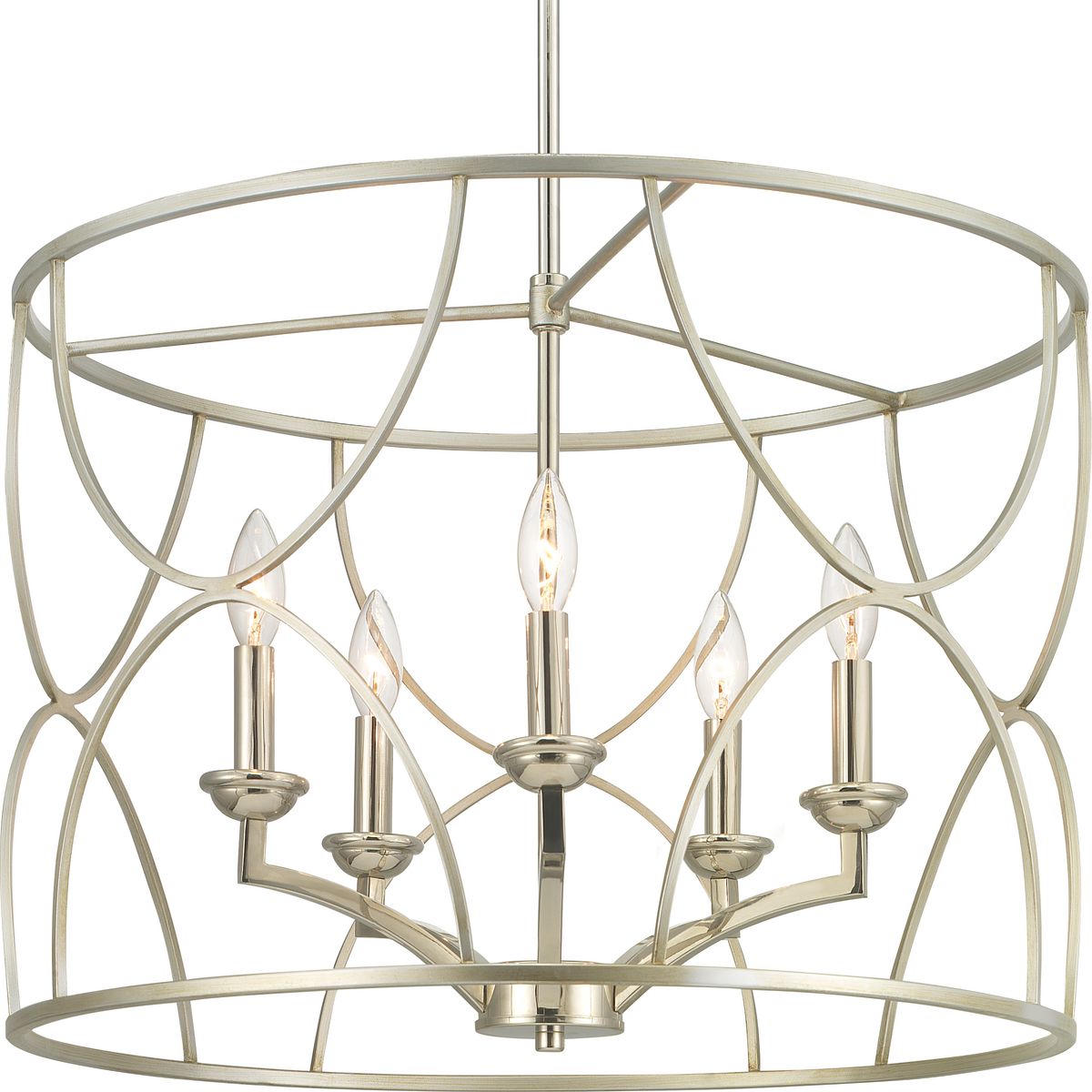 A five-light inner cluster in Polished Nickel appears to float inside a Silver Ridge geometric outer cage in this Landree Collection chandelier. The frame is designed to dramatically surround each fixture, presenting depth, dimension and beauty. The exaggerated scale and elegant accents are suitable for Modern and Luxury design styles.