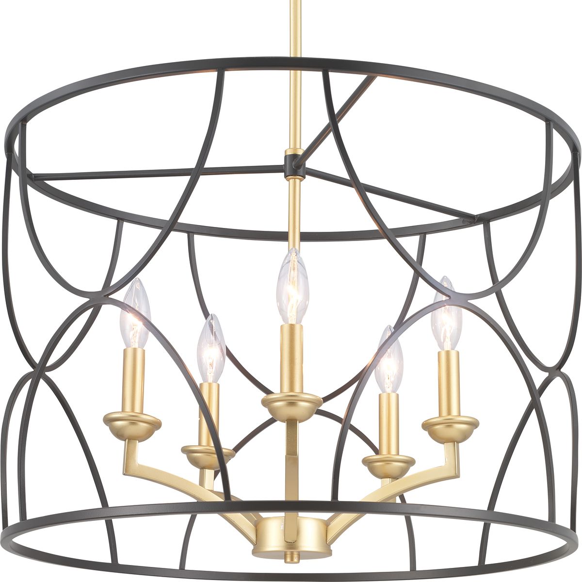 A five-light inner cluster in Brushed Brass appears to float inside a Black geometric outer cage in this Landree Collection chandelier. The frame is designed to dramatically surround each fixture, presenting depth, dimension and beauty. The exaggerated scale and elegant accents are suitable for Modern and Luxury design styles.