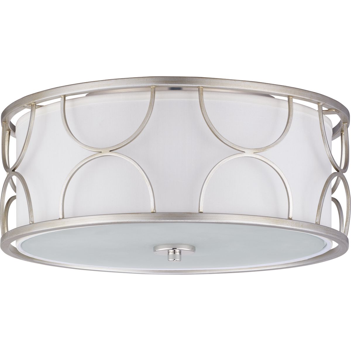 The Landree Collection's Silver Ridge geometric frame is designed to dramatically surround a white silk shade, presenting depth, dimension and beauty to this three-light flush mount. The exaggerated scale and elegant accents are suitable for Modern and Luxury design styles.