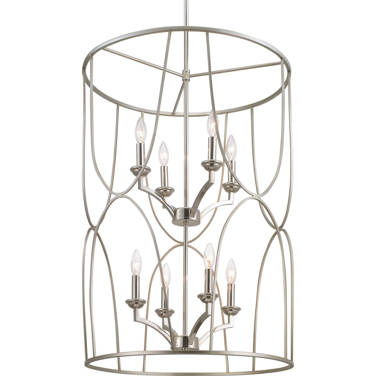 An eight-light inner cluster in Polished Nickel appears to float inside a Silver Ridge geometric outer cage in this Landree Collection foyer fixture. The frame is designed to dramatically surround each fixture, presenting depth, dimension and beauty. The exaggerated scale and elegant accents are suitable for Modern and Luxury design styles.