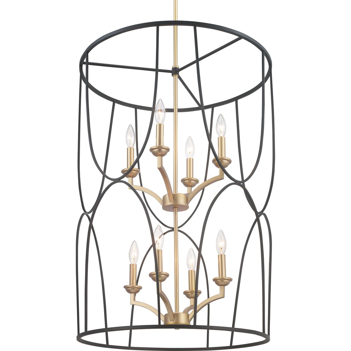 An eight-light inner cluster in Brushed Brass appears to float inside a Black geometric outer cage in this Landree Collection foyer fixture. The frame is designed to dramatically surround each fixture, presenting depth, dimension and beauty. The exaggerated scale and elegant accents are suitable for Modern and Luxury design styles.