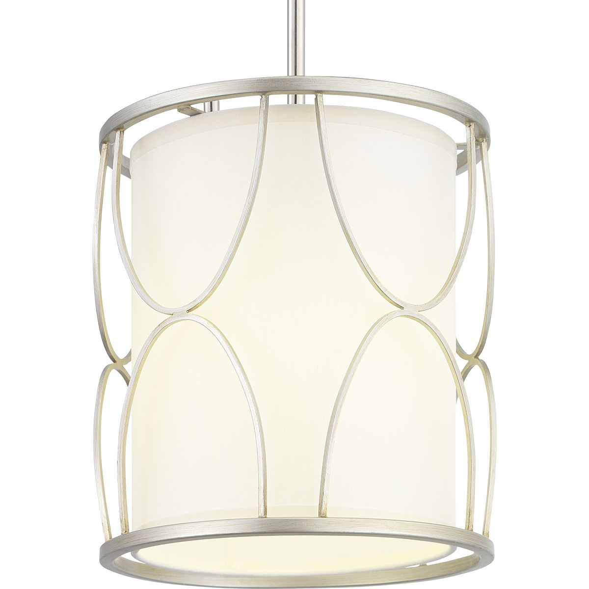 The Landree Collection's Silver Ridge geometric frame is designed to dramatically surround a white silk shade, presenting depth, dimension and beauty to this one-light mini-pendant. The exaggerated scale and elegant accents are suitable for Modern and Luxury design styles.