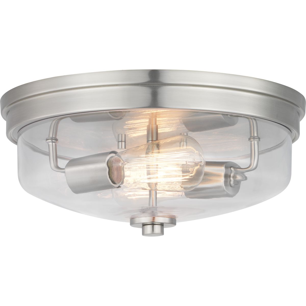 Inspired by modern architecture, Blakely wo-light flush mount fixtures feature handsome details for variety of interior design styles. Clear glass highlights the lamp source and is finished in Brushed Nickel.