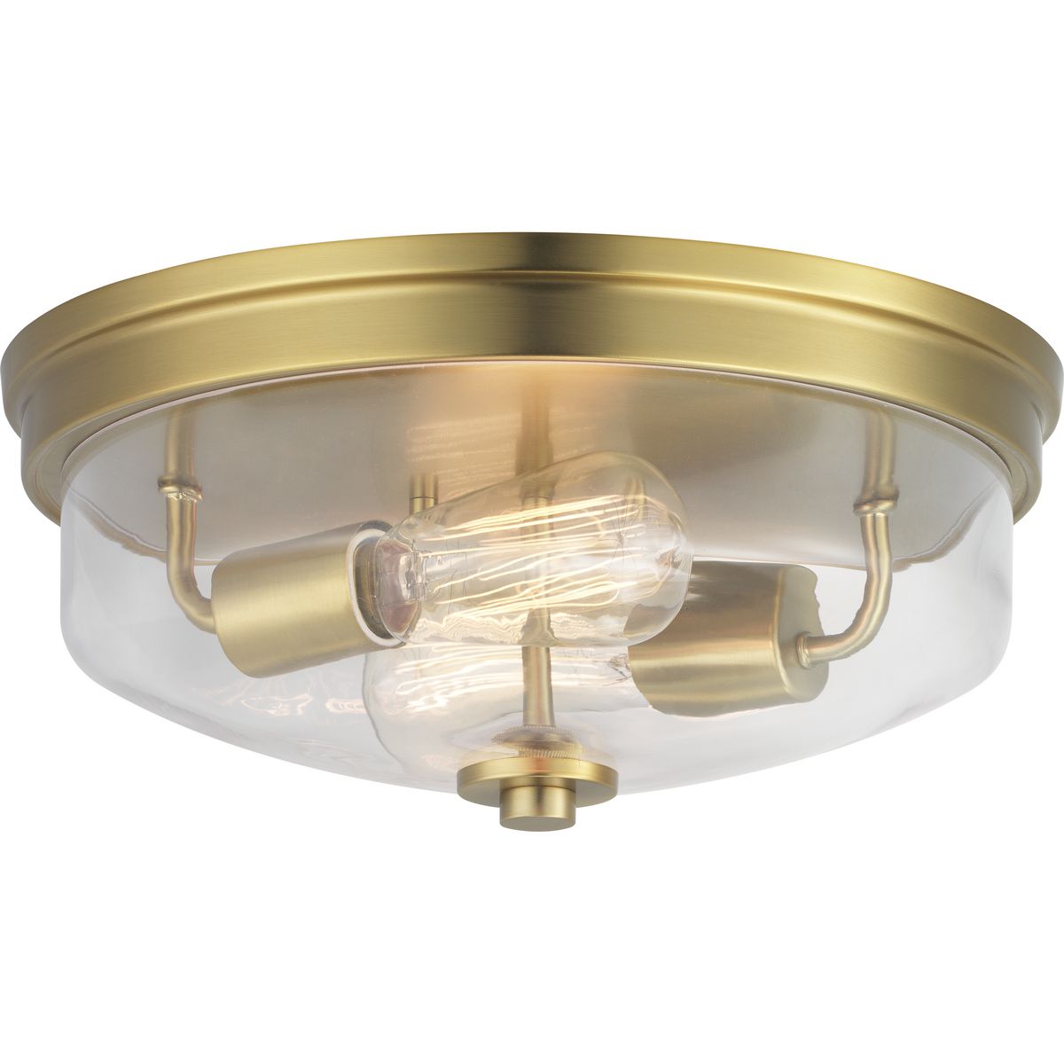 Inspired by modern architecture, Blakely wo-light flush mount fixtures feature handsome details for variety of interior design styles. Clear glass highlights the lamp source and is finished in Brushed Bronze.