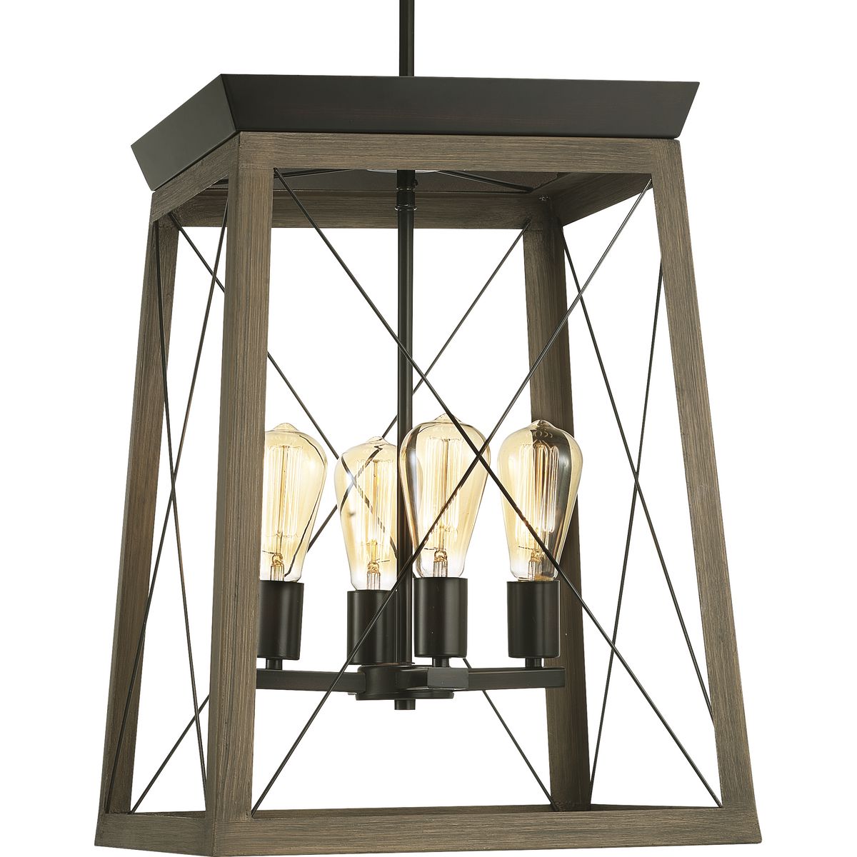 The Briarwood Collection features a classic pattern inspired by farmhouse or barn doors. The simple geometric form features a faux-painted wood enclosure to frame vintage-style light bulbs. The four-light foyer pendant is finished in a rich oak and Antique Bronze combination.