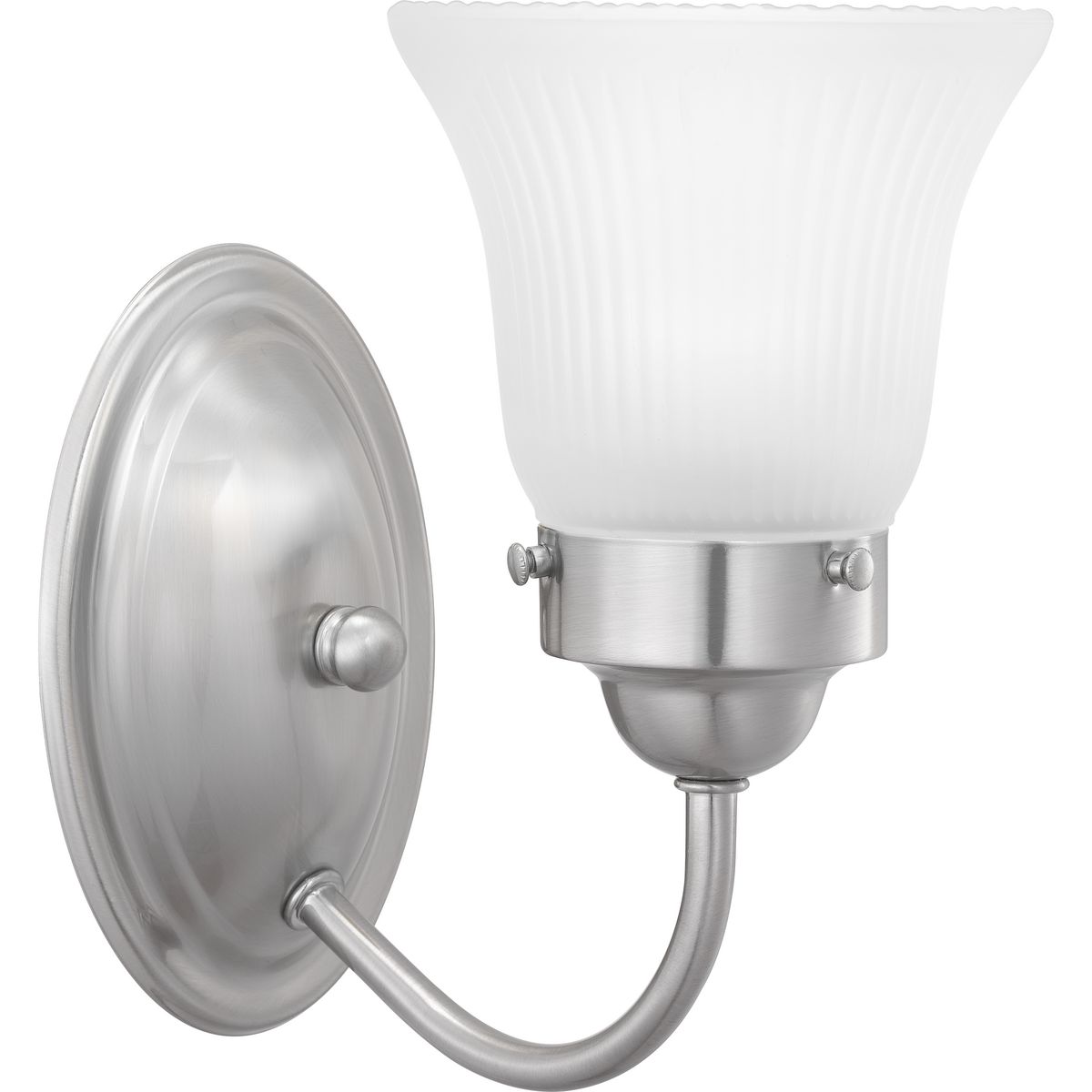The one-light Fluted Glass Collection bath fixture features an etched glass shade that is nestled in a decorative ring extended by curving arms in a Brushed Nickel finish. Timeless in its classic appeal, this light is stylish for both new and restored homes.