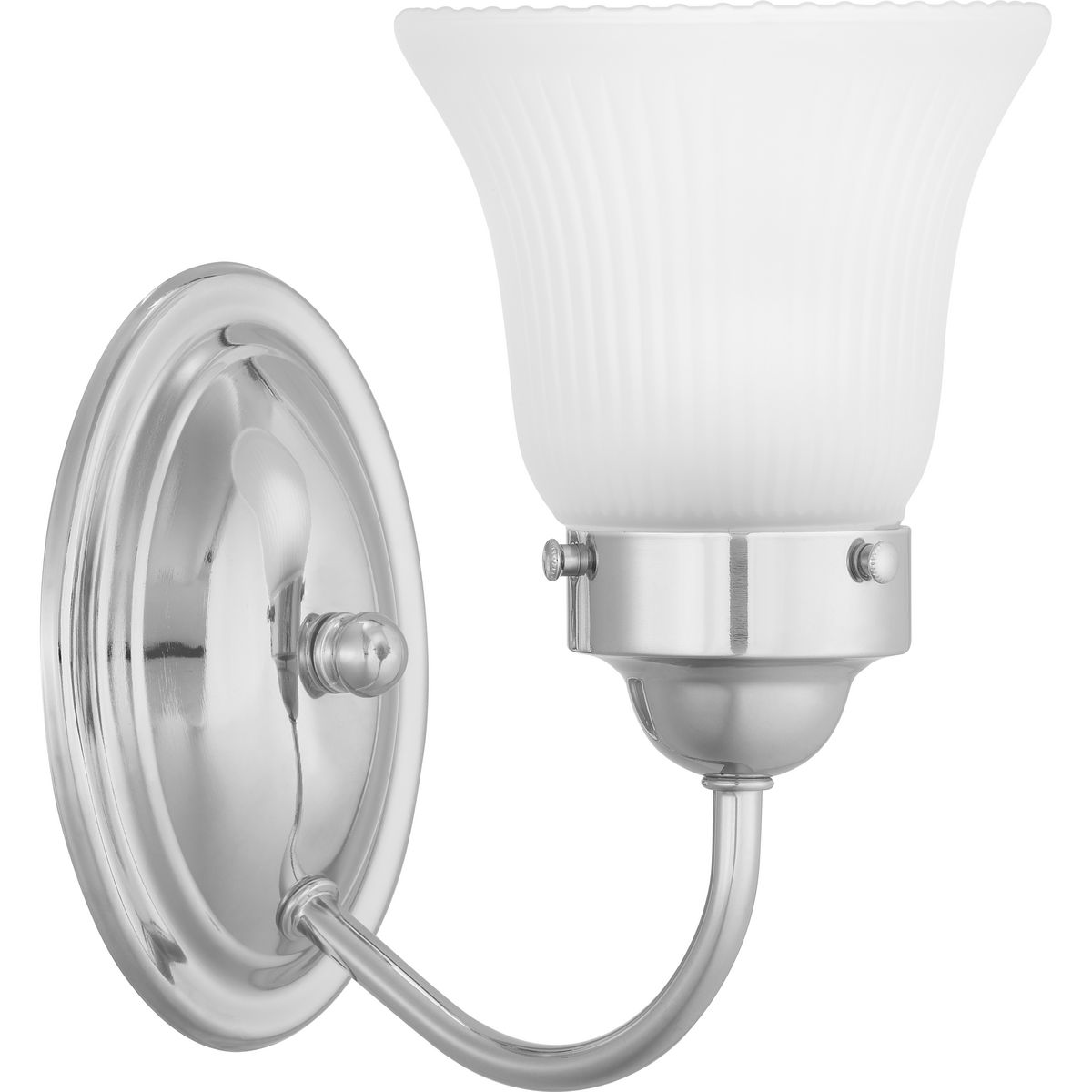 The one-light Fluted Glass Collection bath fixture features an etched glass shade that is nestled in a decorative ring extended by curving arms in a Polished Chrome finish. Timeless in its classic appeal, this light is stylish for both new and restored homes.