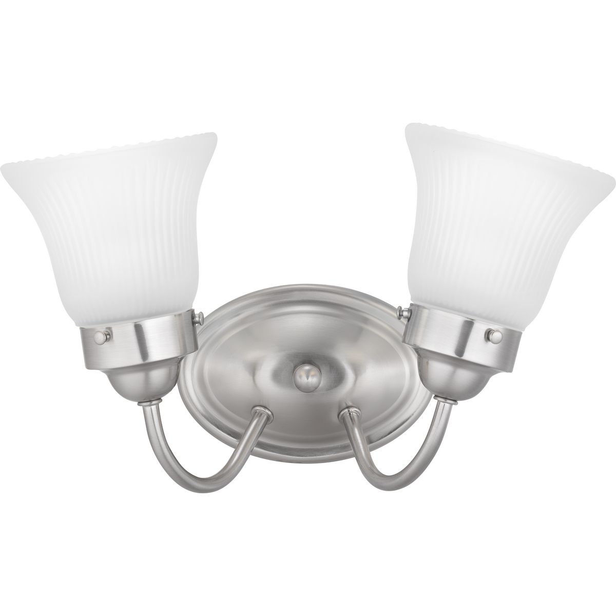 The two-light Fluted Glass Collection bath fixture features etched glass shades that are nestled in a decorative ring extended by curving arms in a Brushed Nickel finish. Timeless in its classic appeal, this light is stylish for both new and restored homes.