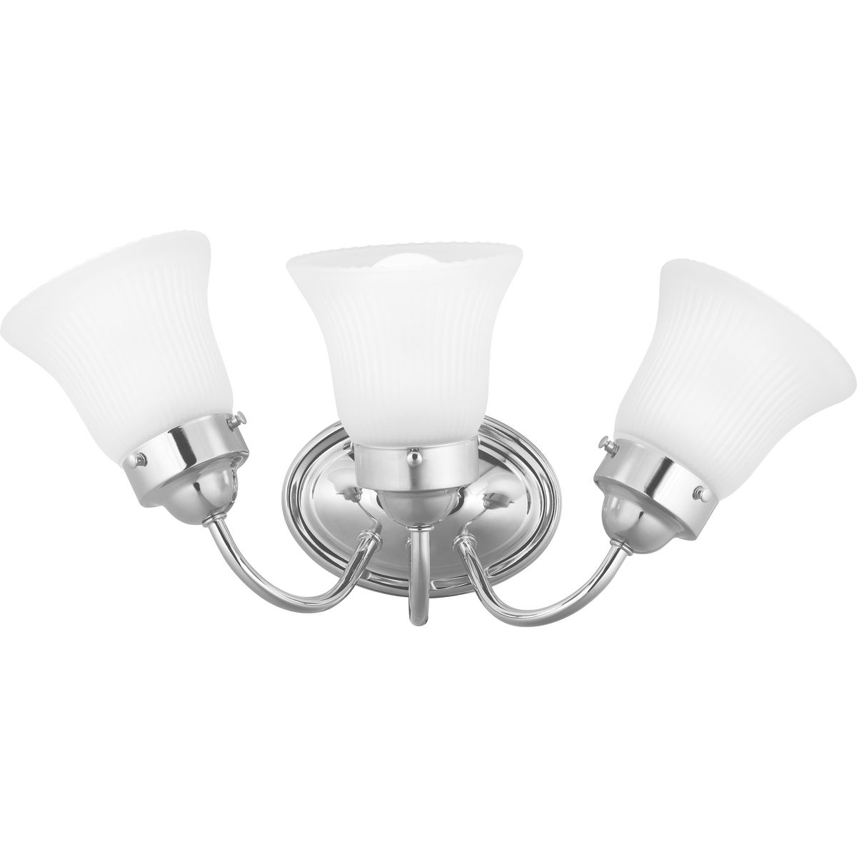 The three-light Fluted Glass Collection bath fixture features etched glass shades that are nestled in a decorative ring extended by curving arms in a Polished Chrome finish. Timeless in its classic appeal, this light is stylish for both new and restored homes.