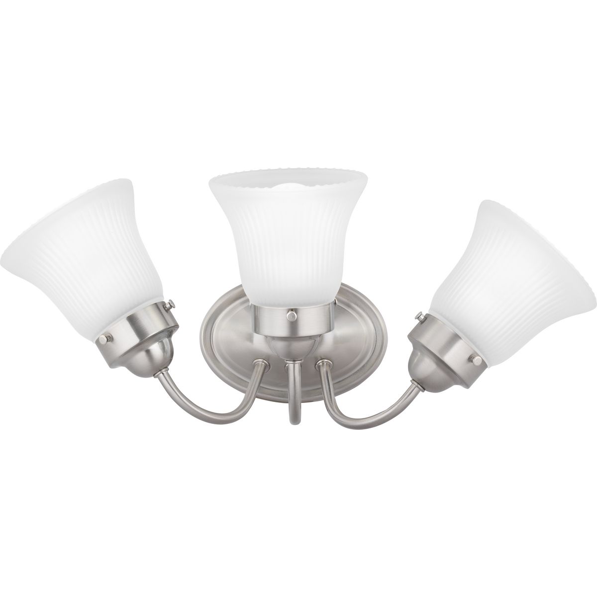 The three-light Fluted Glass Collection bath fixture features etched glass shades that are nestled in a decorative ring extended by curving arms in a Brushed Nickel finish. Timeless in its classic appeal, this light is stylish for both new and restored homes.