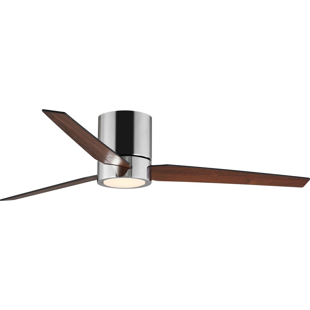 This Braden 56 inch, three-blade, hugger-style ceiling fan features clean lines and a design that complements modern interiors. A shatterproof white opal glass shade contains an integrated 18W LED module, offering both form and function with energy and cost-savings benefits. Featuring a larger motor, Braden moves more air than a traditional hugger ceiling fan. A full function remote with batteries is included. Polished Chrome finish.