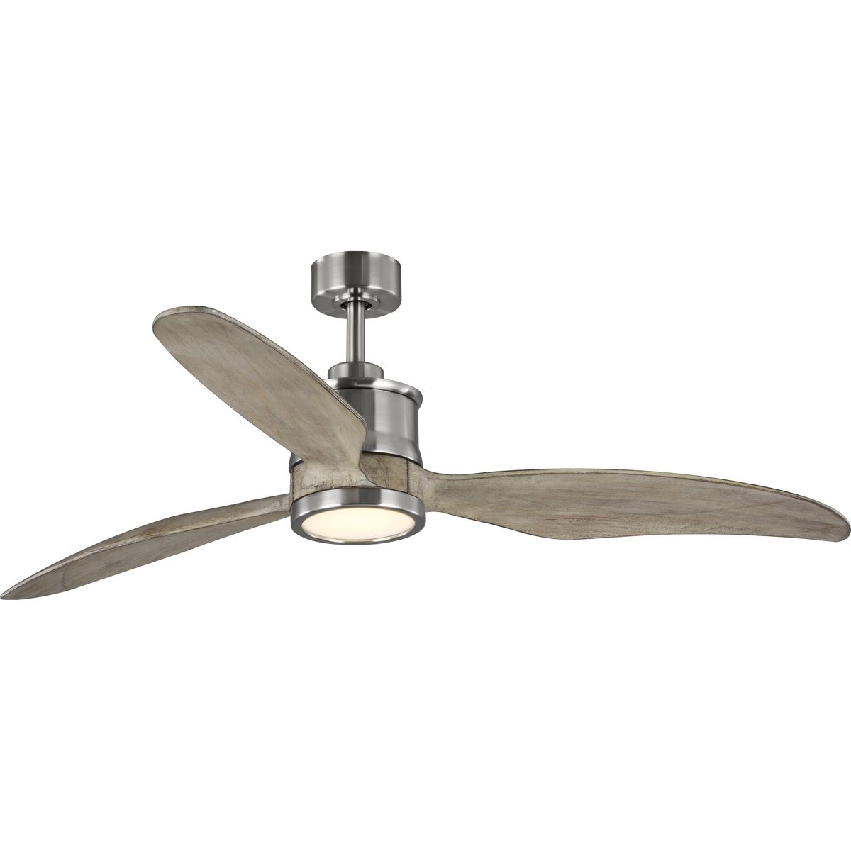 Farris features three solid wood carved blades to form a sleek, modern design. The 60 in ceiling fan includes an integrated LED light kit that is removable to provide the option in non-illuminated applications. Brushed Nickel finish. A full function remote control with batteries is included, and the dual mount canopy accommodates flat or sloped ceilings.