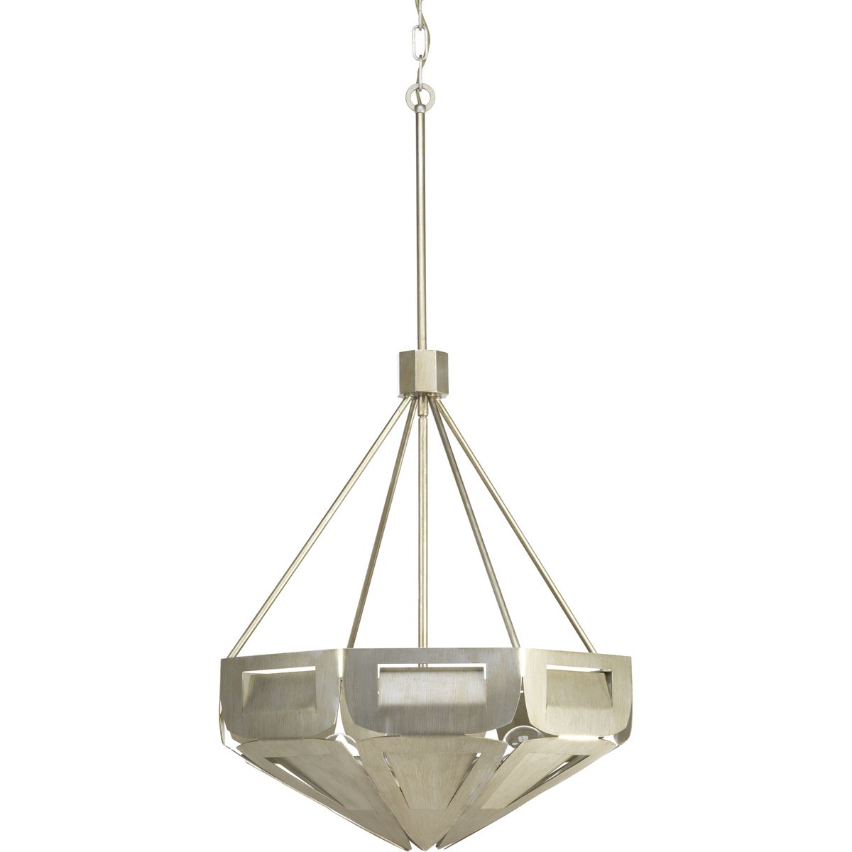 Designer Jeffrey Alan Mark�s striking use of intricately cut metalwork lends a Moroccan edge to the Yerba Collection. Geometric details of mid-century modern style combine with sculpted elements in a luxurious Silver Ridge finish, making Yerba relaxed, yet vibrant and exotic. The large pendant has pierced openings and inverted pyramid styling, casting dramatically dappled light and giving a multi-layered depth and movement to any space. This family of fixtures is part of the Jeffrey Alan Marks Point Dume� lighting collection which celebrates a curated mix of yesterday and today, distilling both industrial and artisanal influences.